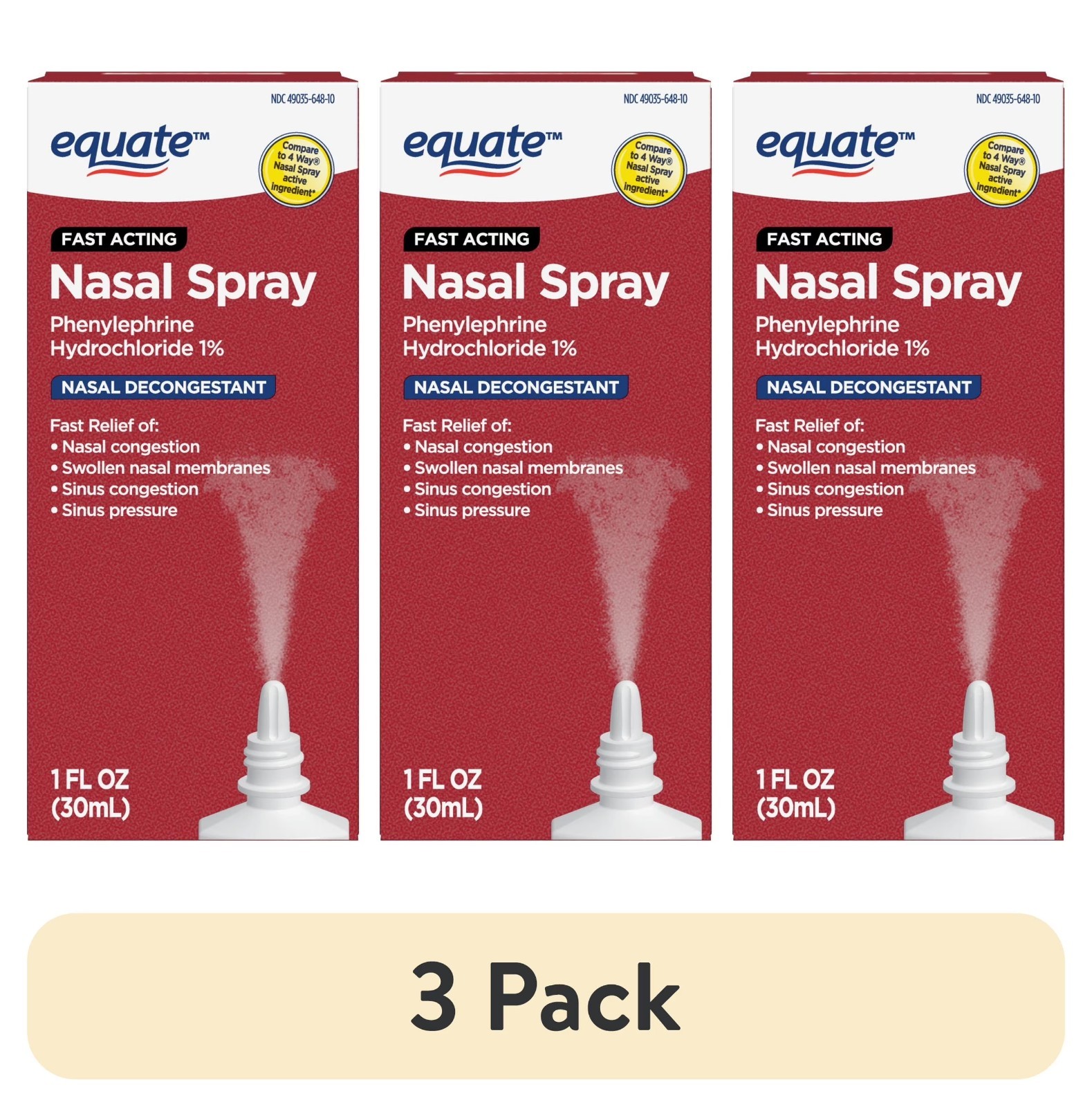 (3 Pack) Equate Nasal Four Nasal Spray, Phenylephrine Hydrochloride 1%, 1 fl oz