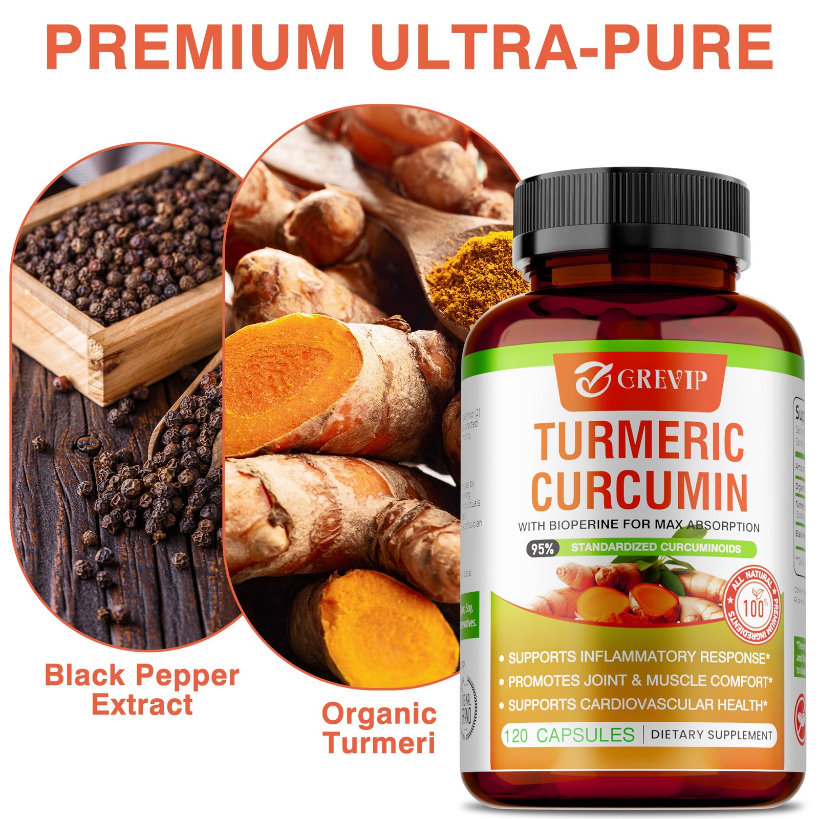 Turmeric Curcumin Supplement 120pcs – Improves Digestion and Absorption, Non-GMO