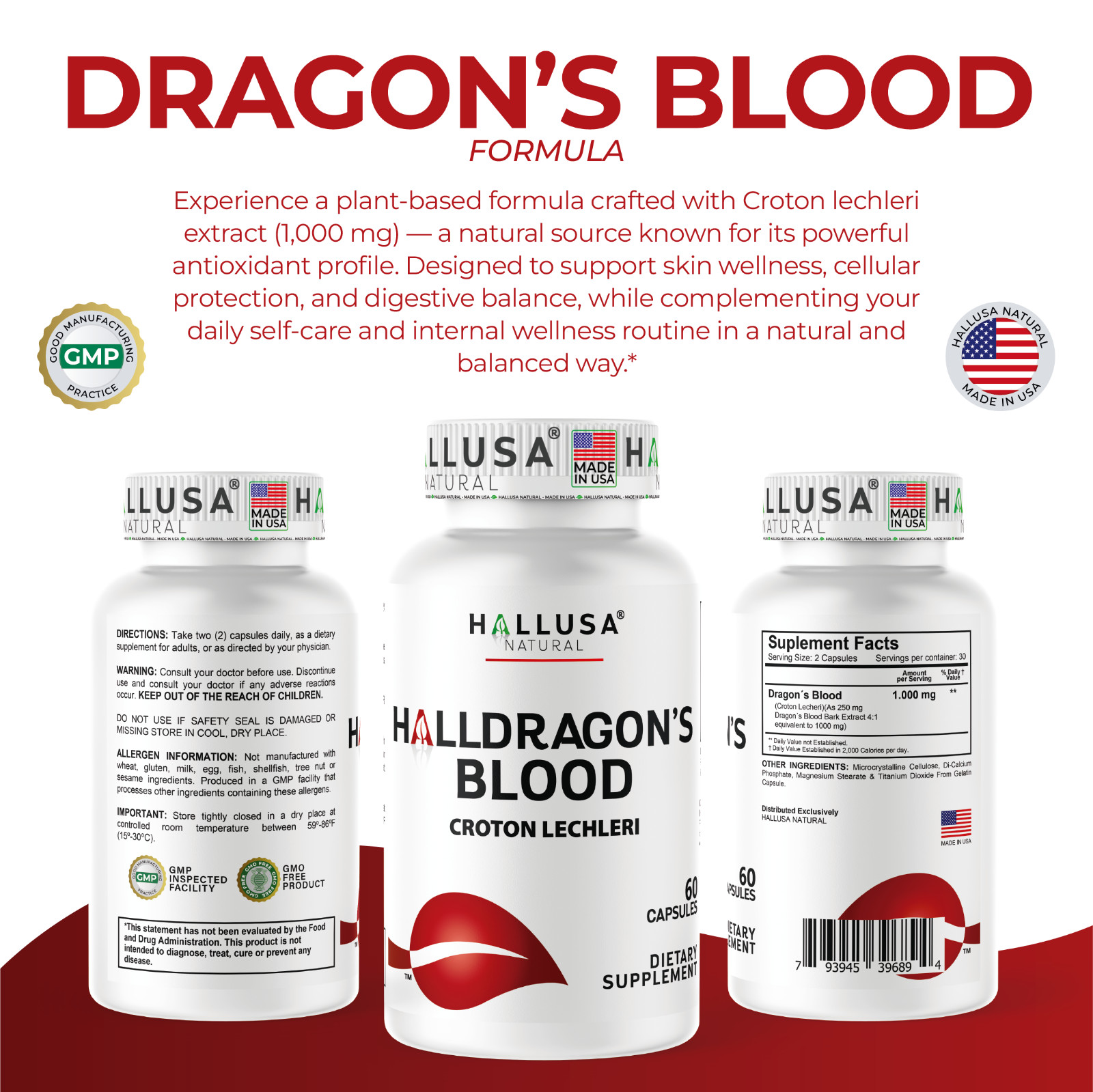 Hallusa Natural Dragon’s Blood capsules 1000mg – Croton Lechleri – 60 Count