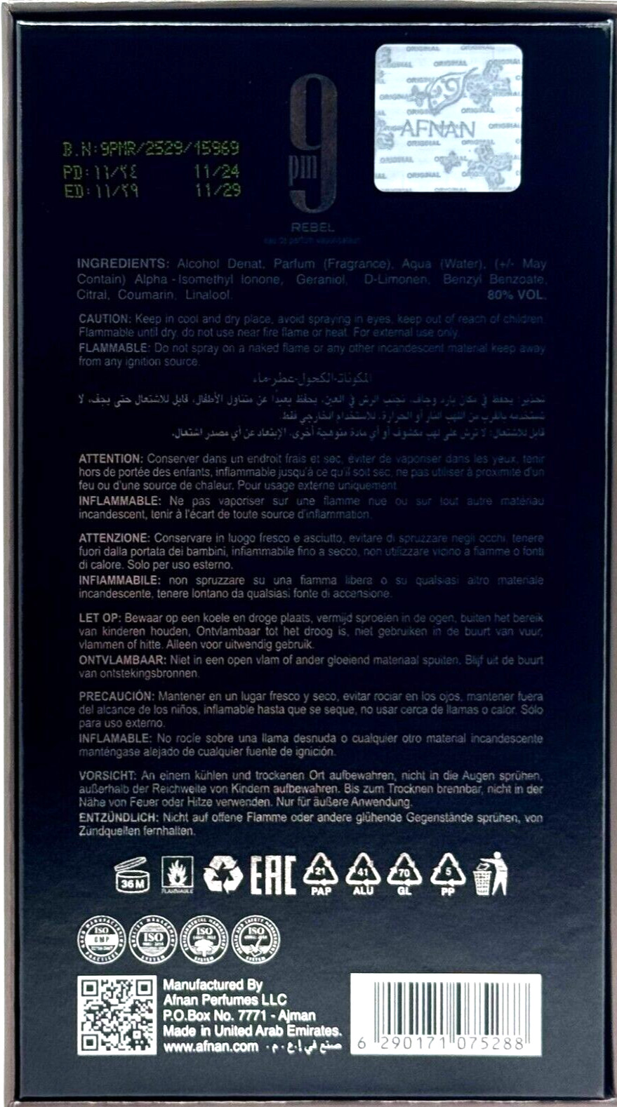 AFNAN 9PM REBEL EAU DE PARFUM SPRAY UNISEX 3.4 Oz / 100 ml BRAND NEW ITEM!!!