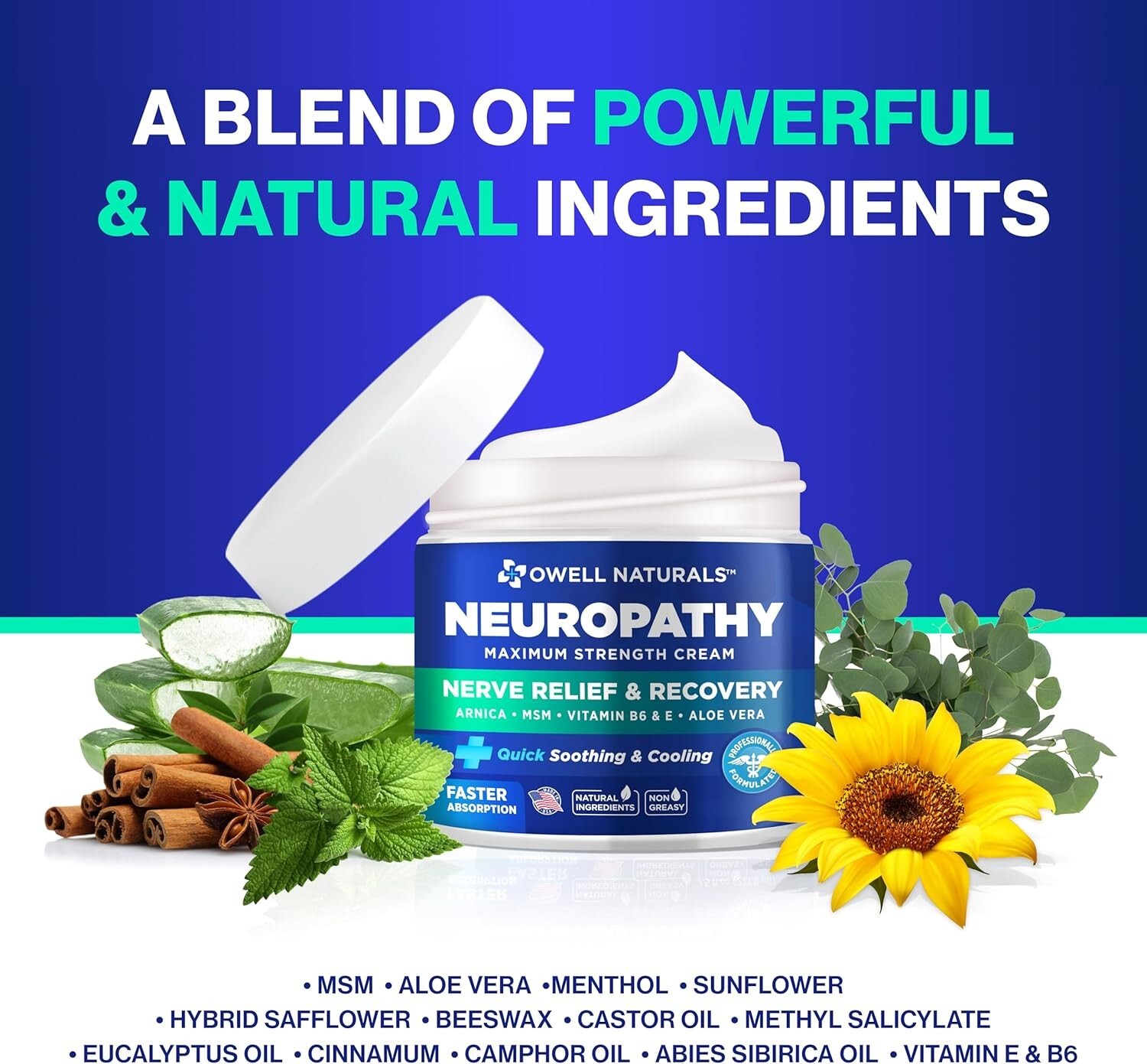OWELL NATURALS Neuropathy Nerve Pain Relief Cream for Feet, Leg, Max Strenght