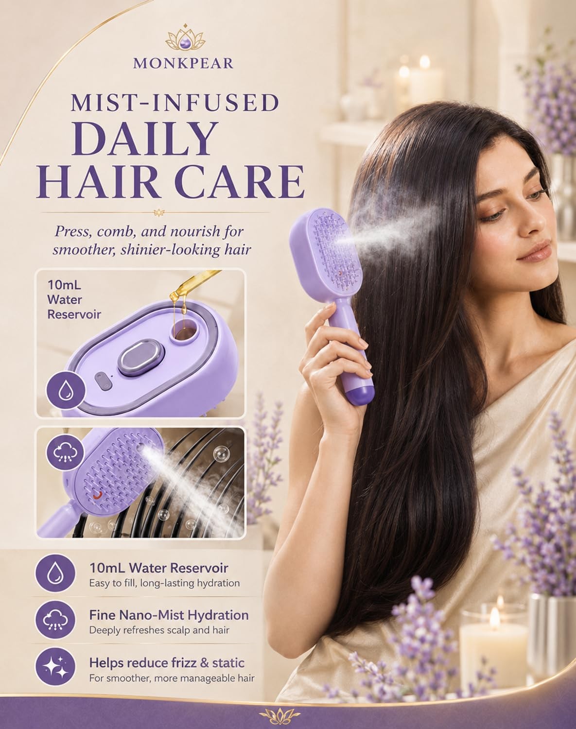 Electric Spray Air Cushion Massage Comb, Self-Cleaning Anti-Tangle Hair Brush