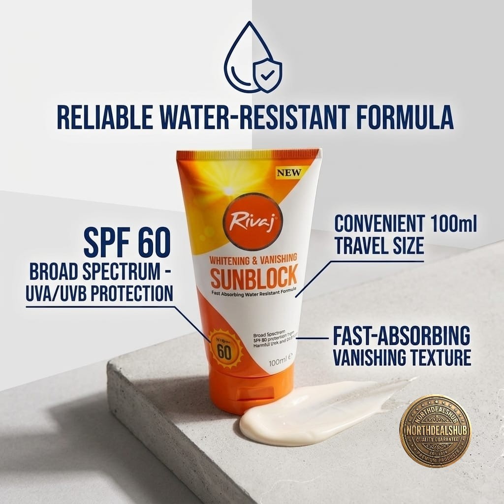 Rivaj UK – Whitening and Vanishing Sunblock SPF60 – 100ml DDP Shipping