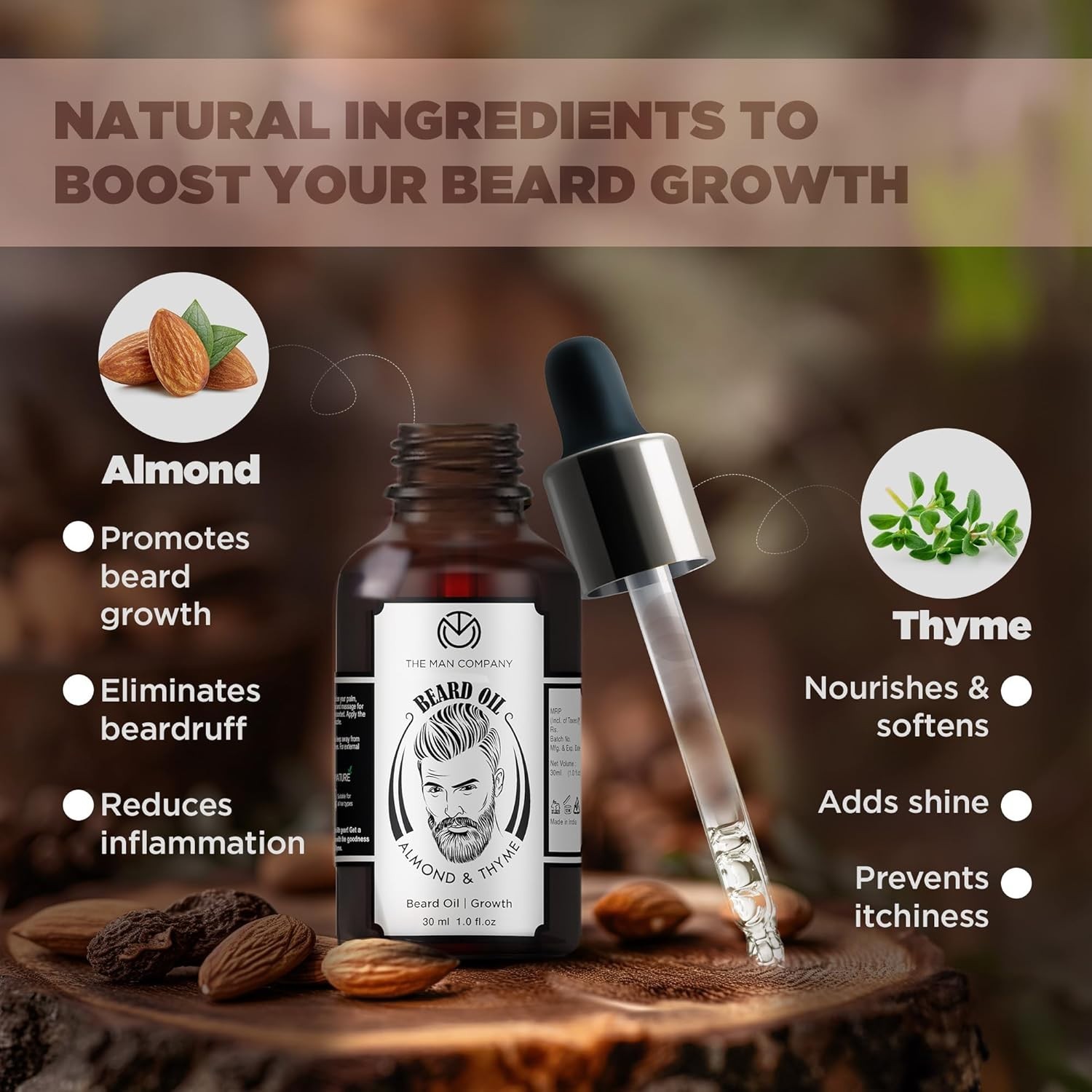 100% Natural Beard Oil with Almond & Thyme – Promote Growth & Shine – 1.1 Oz