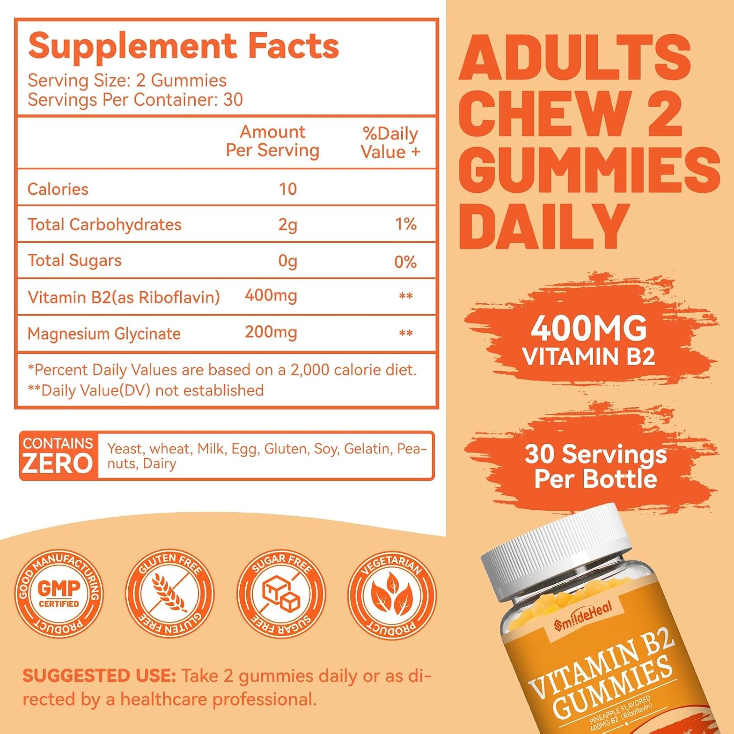 Vitamin B2 Gummies Riboflavin 400mg Supplement with Magnesium for Adults