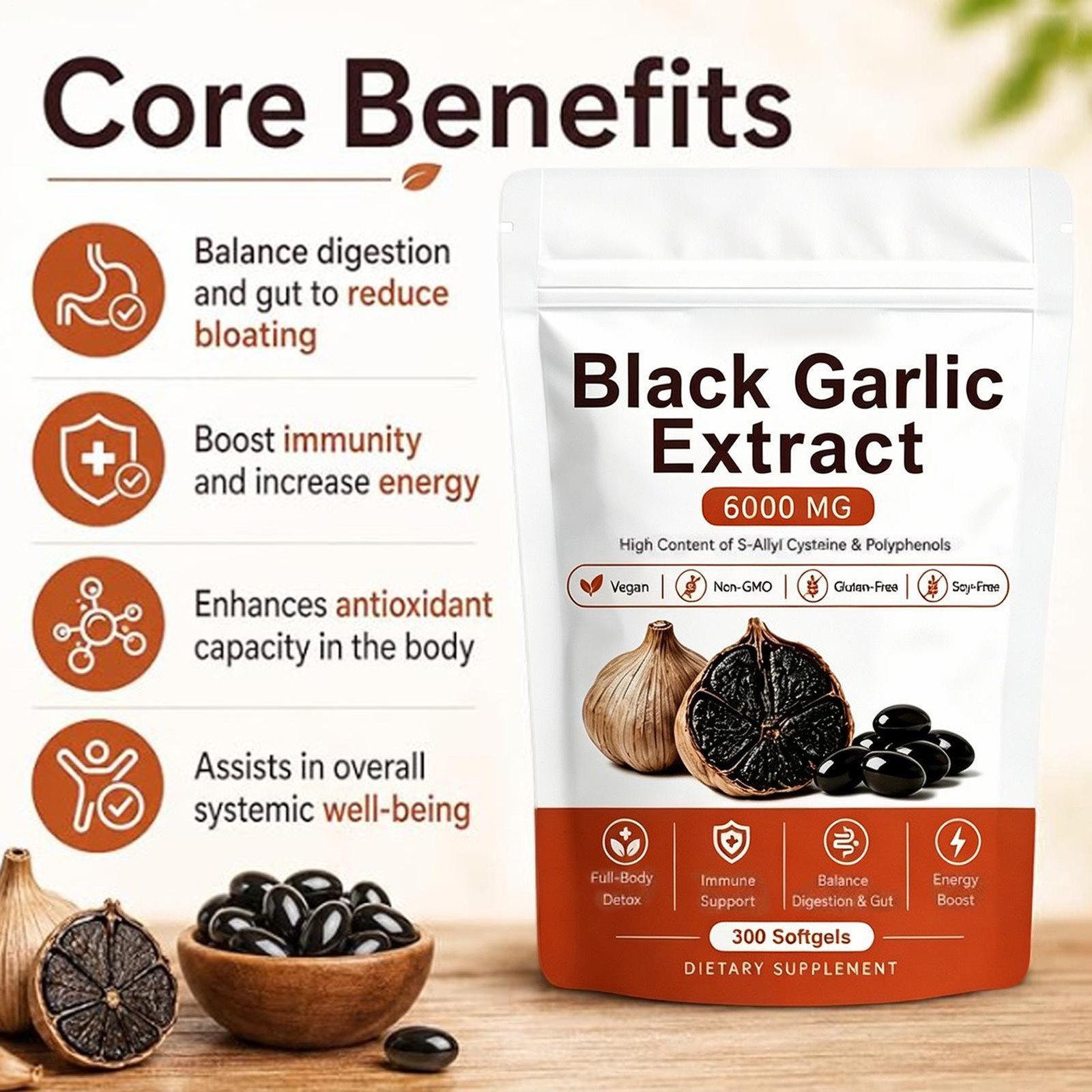 Black Garlic Extract Softgels 300ct, Odorless Vegan Non-GMO Supplement （1-2 pk）