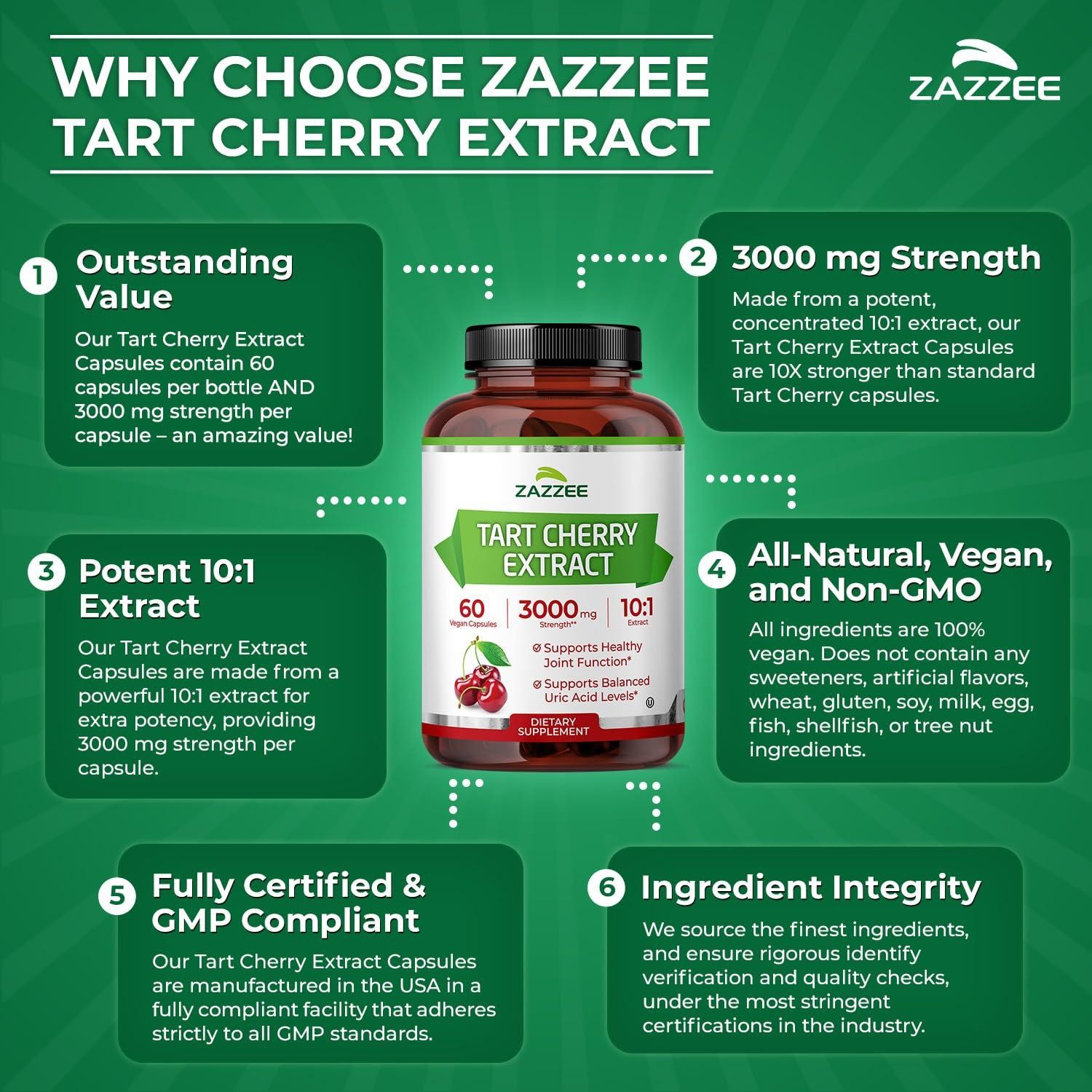 Zazzee Tart Cherry 10:1 Extract, 3000 mg Strength, 60 Vegan Capsules, Kosher