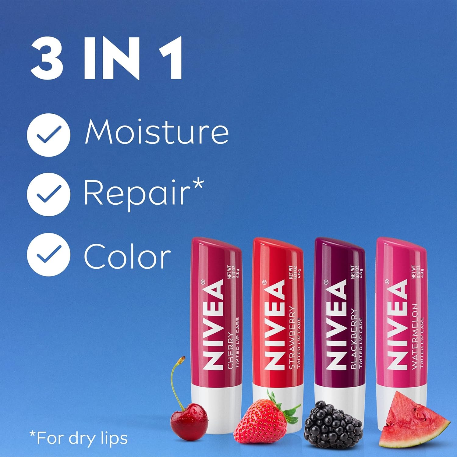 NIVEA Lip Care Tinted Balm Cherry Strawberry Blackberry Watermelon 4 Pack