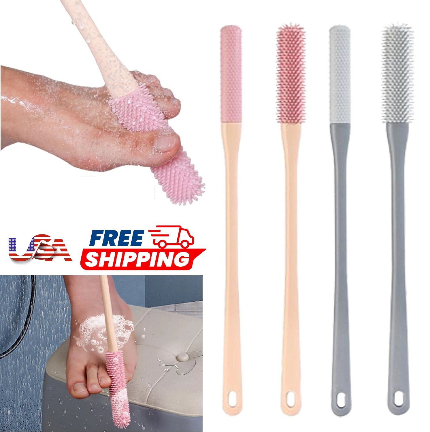 2× Toe Gap Cleaning Brush 15.7″ Foot Scrubber Silicone Shower Long Handle Brush
