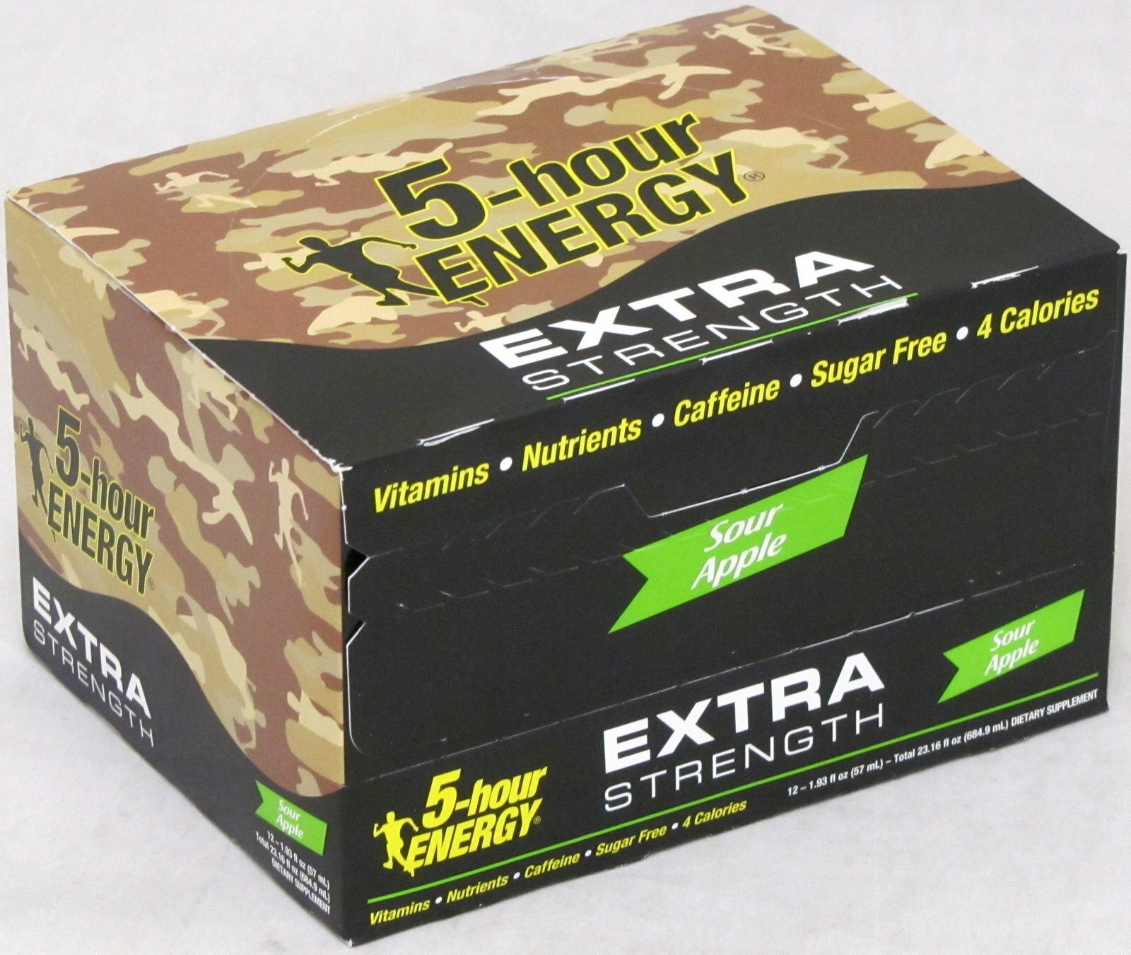 5 Hour Energy Extra Strength Sour Apple Camo 12 Count Box 1.93 oz Shots Hr Five