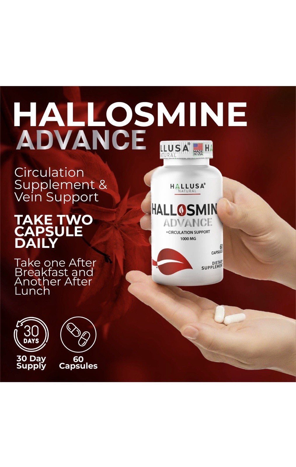 Hallusa Natural Hallosmine Advance 1000mg Diosmin 60 ct + FREE Leg Cream 4 oz