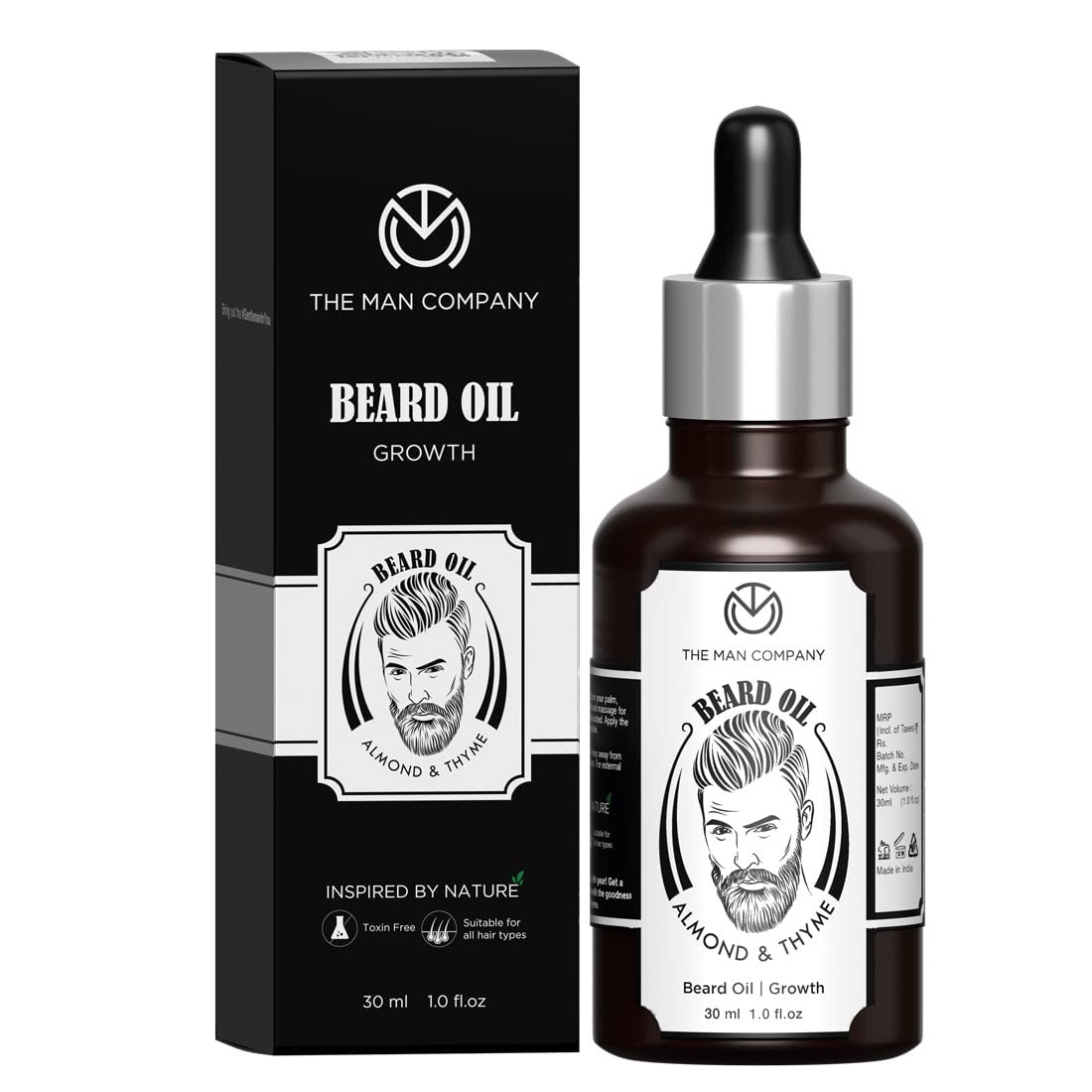 100% Natural Beard Oil with Almond & Thyme – Promote Growth & Shine – 1.1 Oz