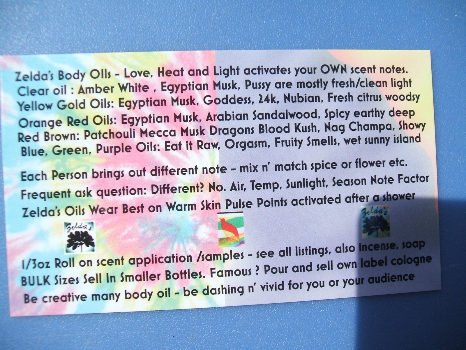 Zelda’s Pure Natural Fragrance Body Oils Egyptian Musk Choose More Scents 2oz