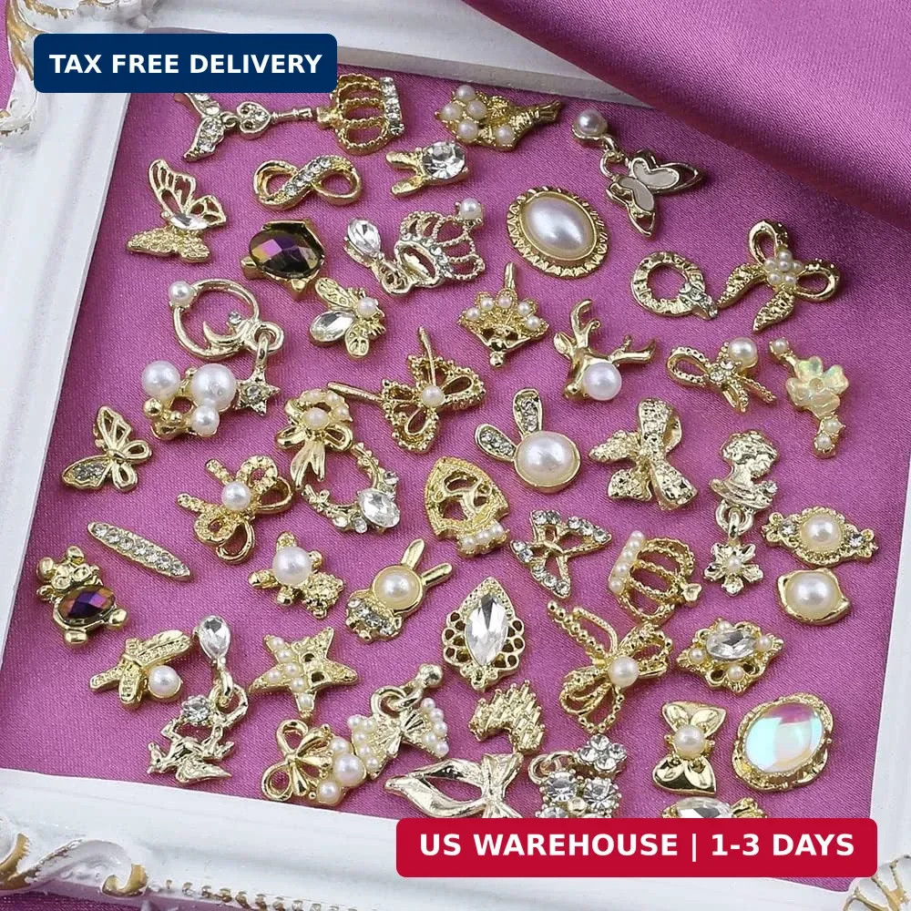 50pcs Random Gold Nail Charms Luxury Nail Rhinestones Nail Gems 3D Alloy Flower