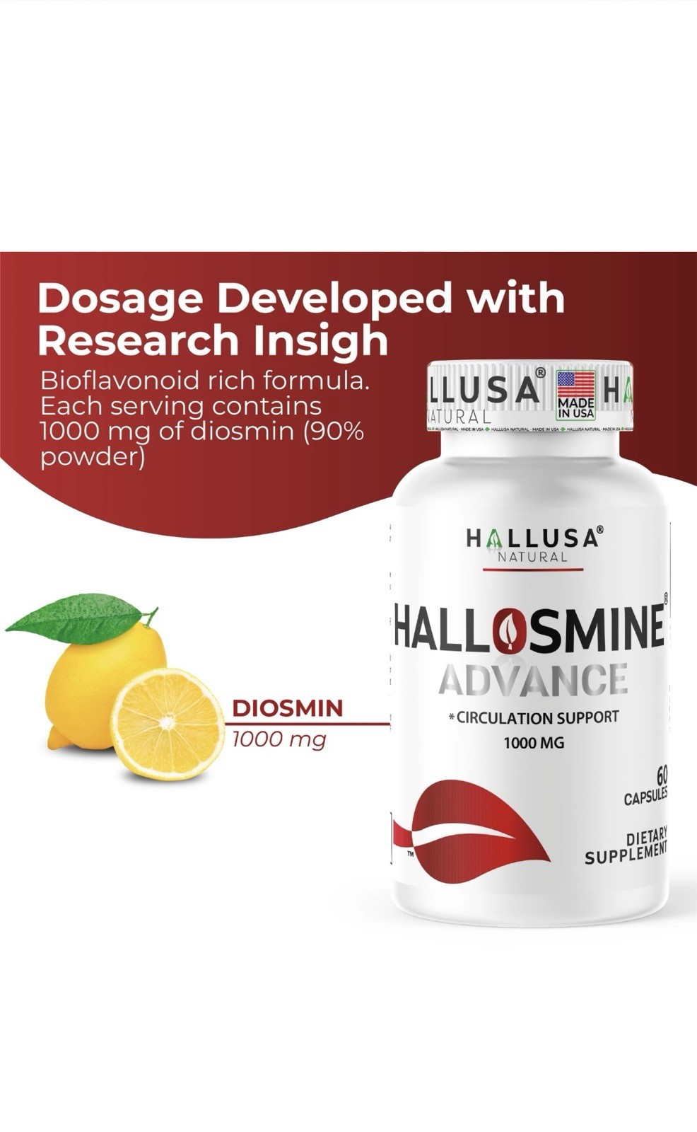 Hallusa Natural Hallosmine Advance 1000mg Diosmin 60 ct + FREE Leg Cream 4 oz