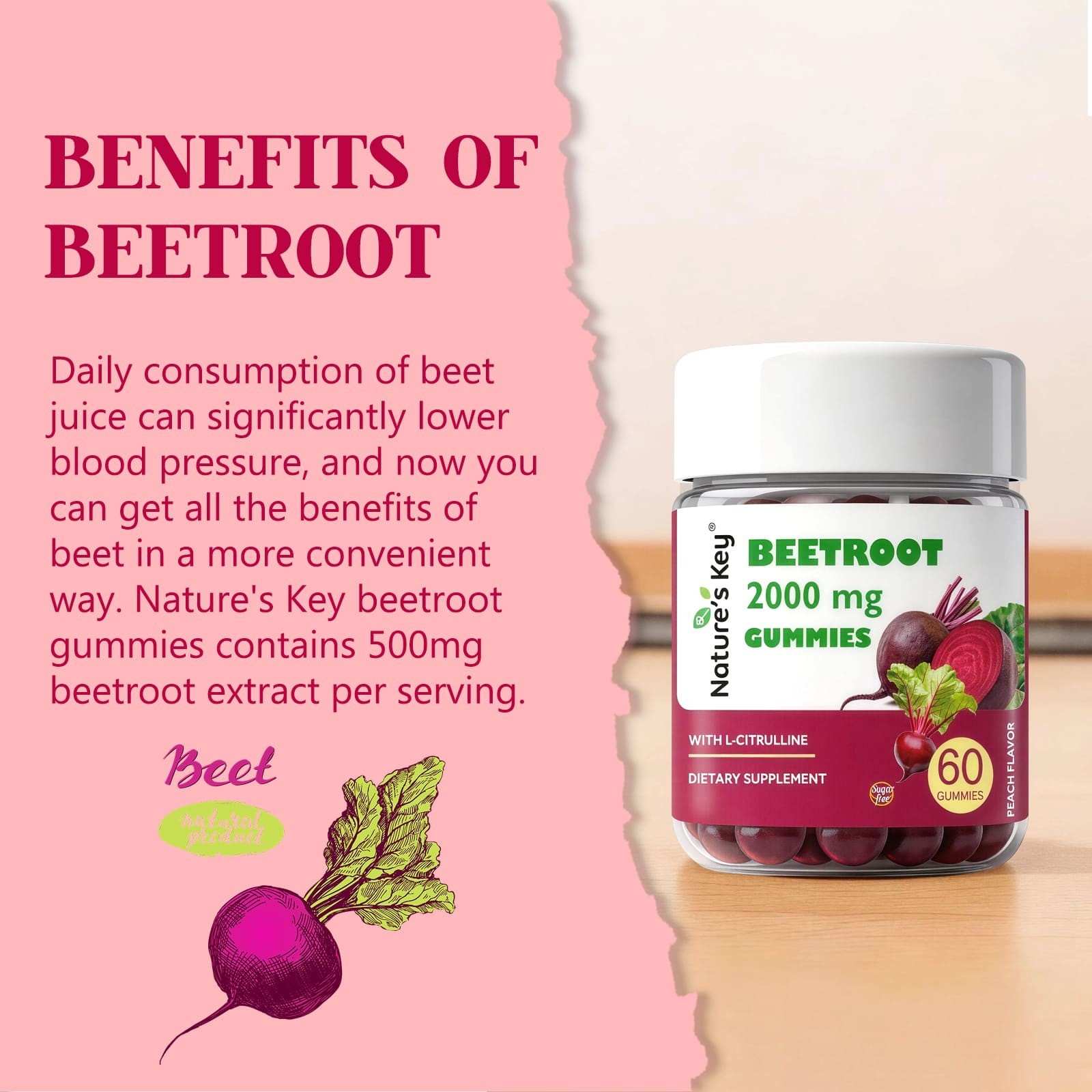 Beet root 2000mg Gummies–for Blood Flow & Heart 60 Gummies