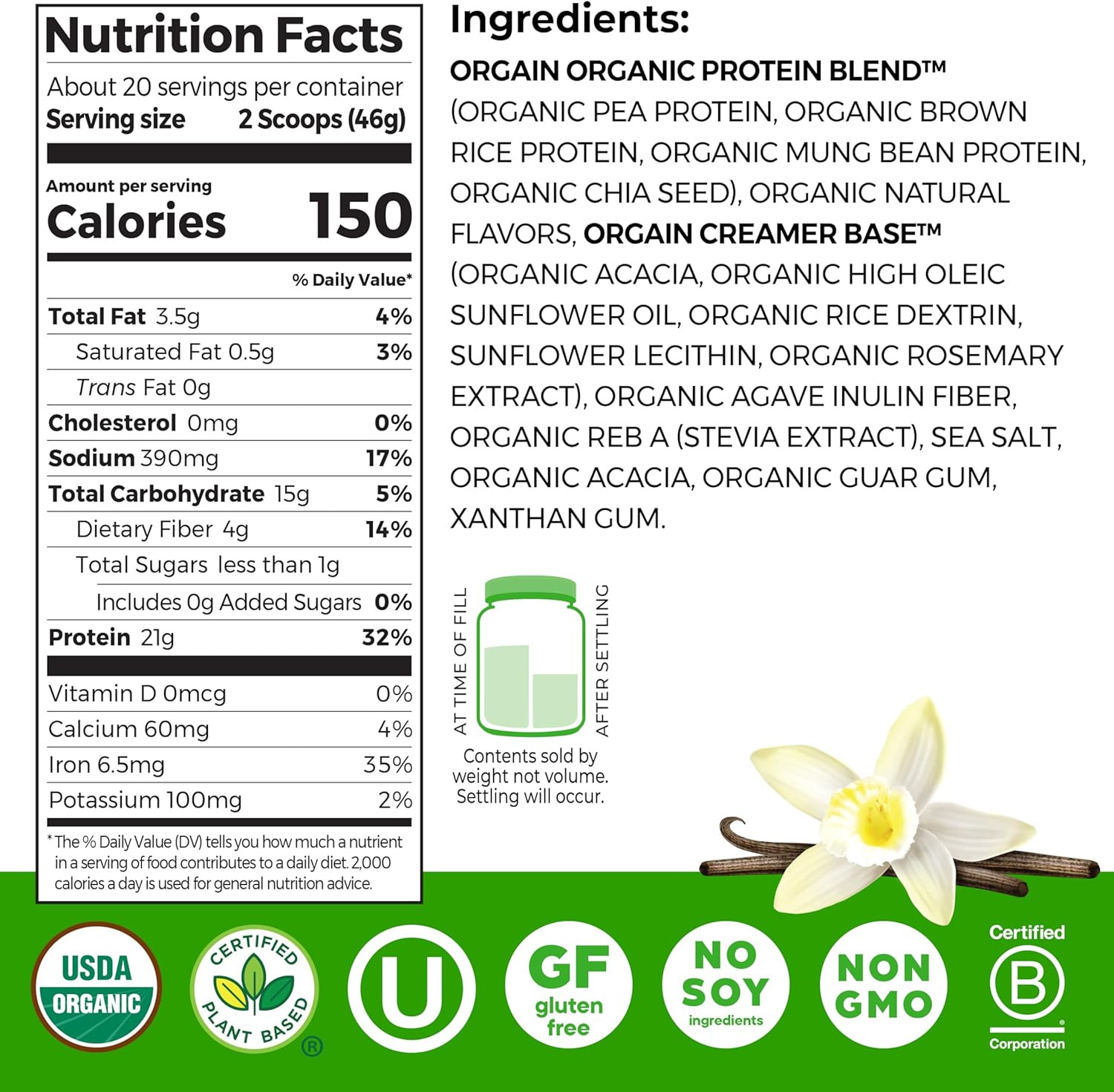 Orgain Organic Vegan Protein Powder, Vanilla Bean – 21G Plant Protein, 6G Prebio
