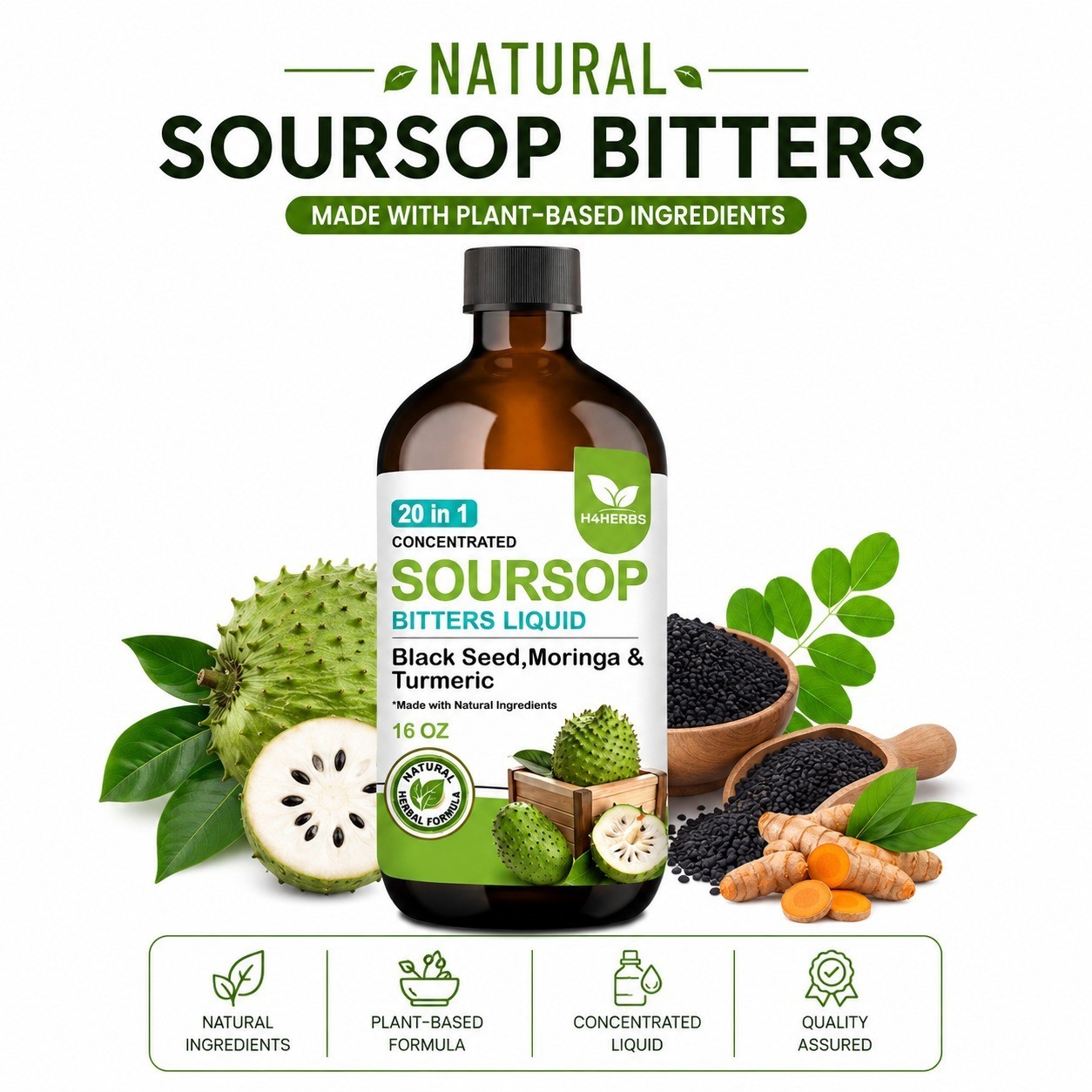 Soursop Bitters Liquid 20-in-1 Herbal Blend Vegan Sugar Free 16 oz – Pack of 2
