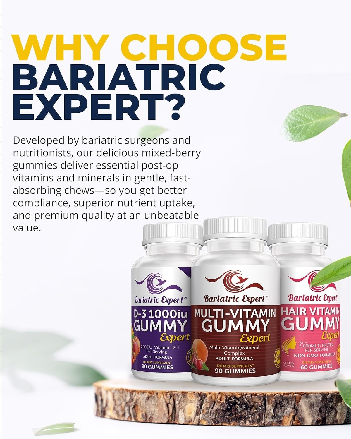 Bariatric Multivitamin Gummy 3 Pack D3 & Hair Formula Chews Adult Daily