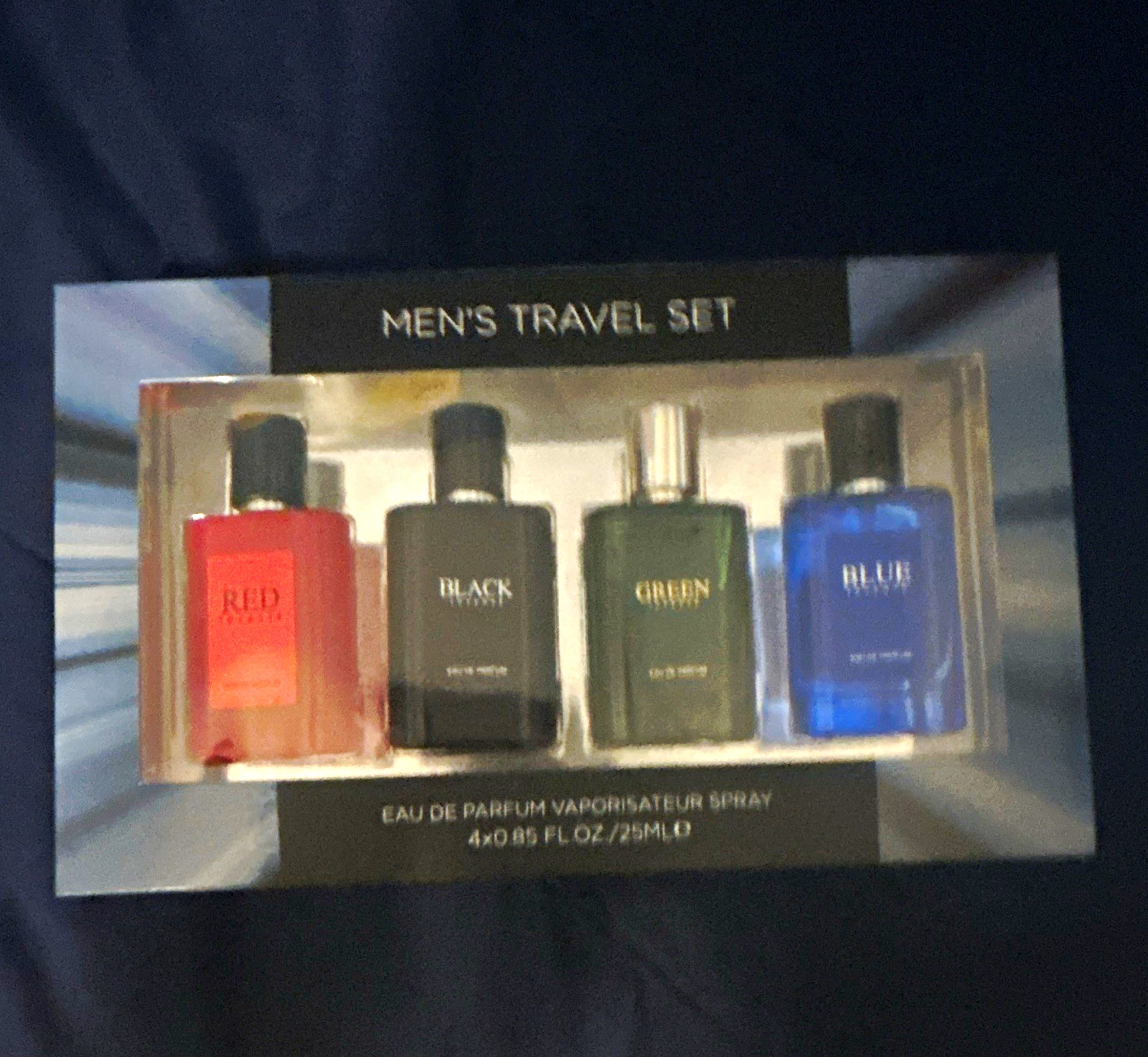 Men’s Travel Set Red/Black/Green/Blue EDP Spray Gift Set 4×0.85oz