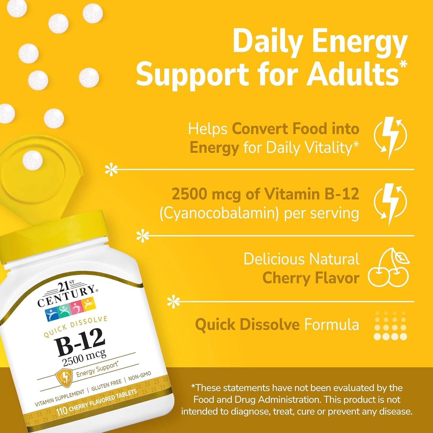 Cherry Flavor B-12 2500 mcg Tablets – Quick Dissolve for Natural Energy, 110 Ct