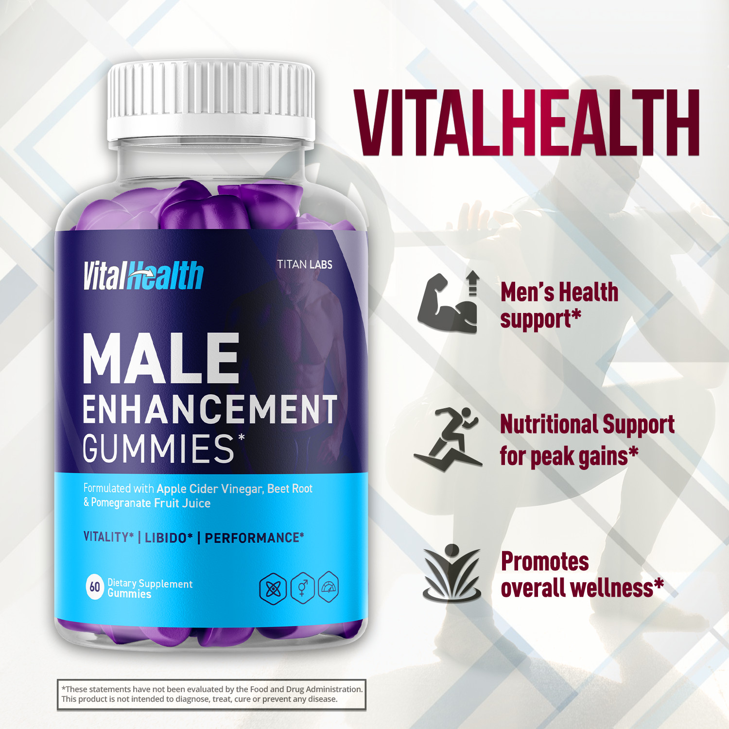 (1 Pack) VitalHealth Gummys Male Health Support Vitamin Vital Health 60 Gummies