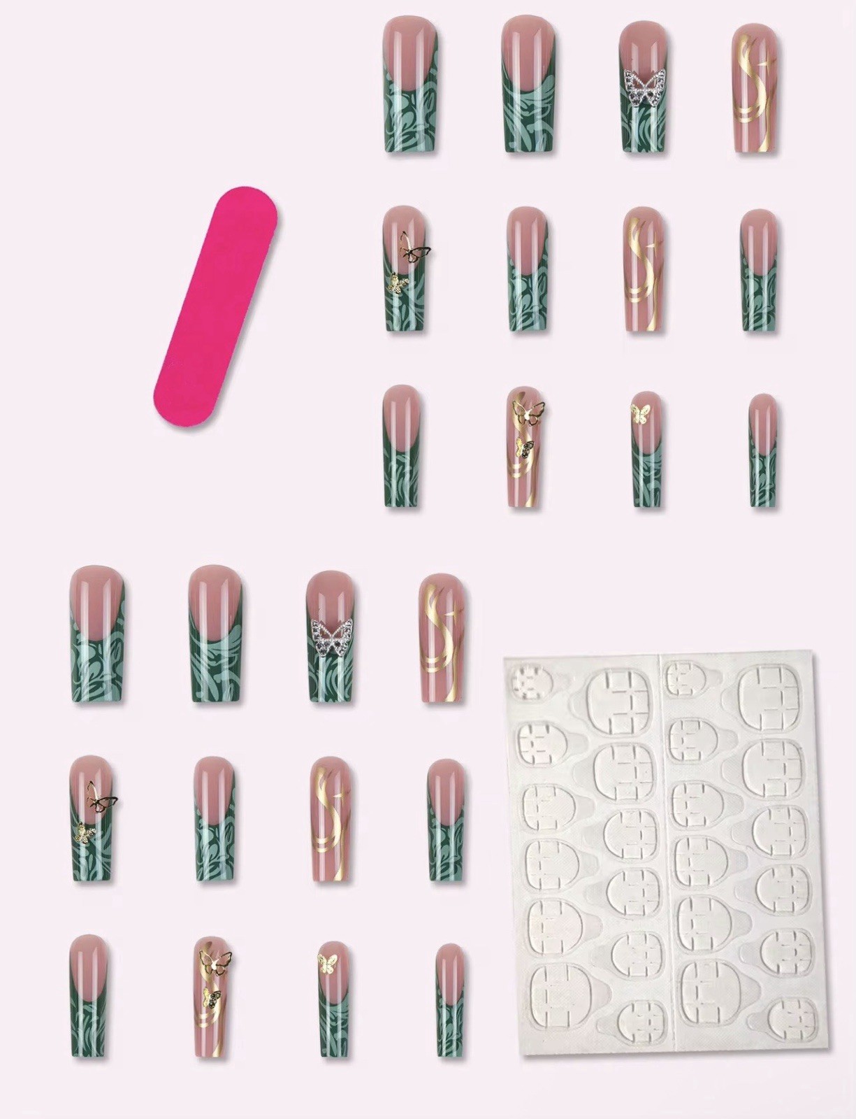 Long Square Press-On Nails Green Pink Gold 3D Butterfly Self-Adhesive Set