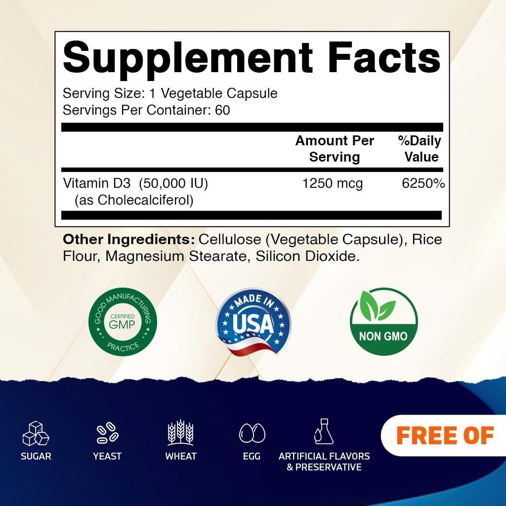 Vitamatic Vitamin D3 50,000 IU (as Cholecalciferol), Once Weekly Dose, 1250 mcg,