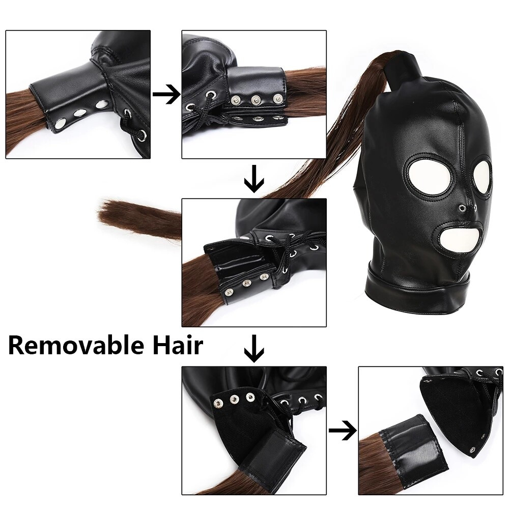 Adult Unisex PU Leather Gimp Head Harness Headgear Hood Party Mask Ponytail Wigs