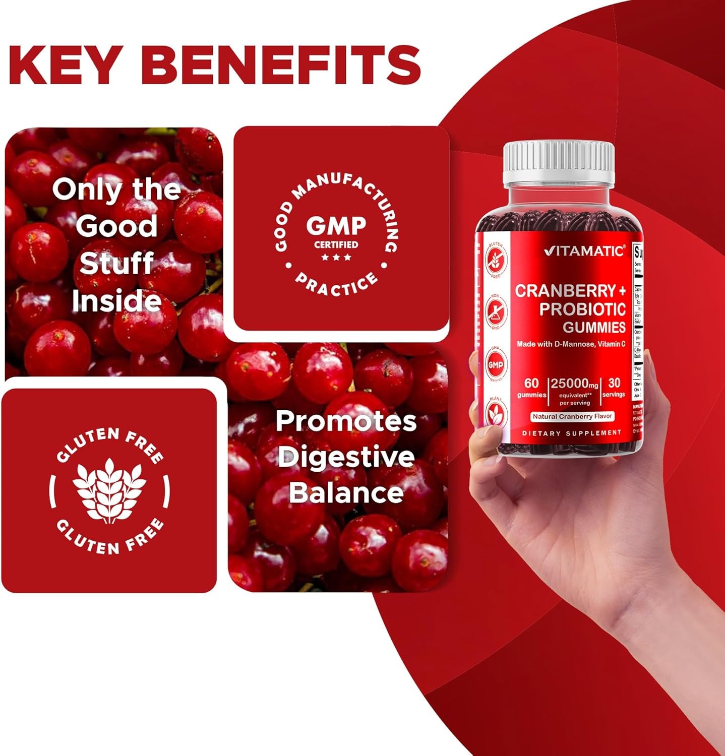 2 Pack – Vitamatic Vegan Cranberry Gummies, 25,000mg per Serving 60 Count