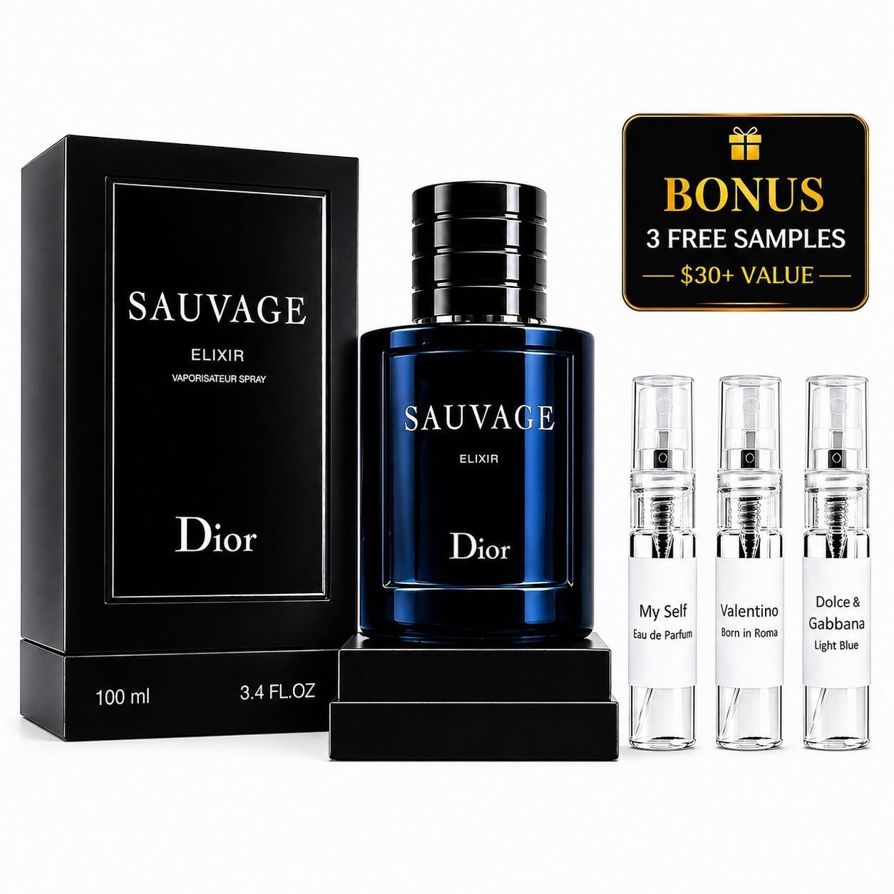 Dior Sauvage Elixir EDP Spray 100ml 3.4oz Men’s Cologne + 3 Fragrance Samples