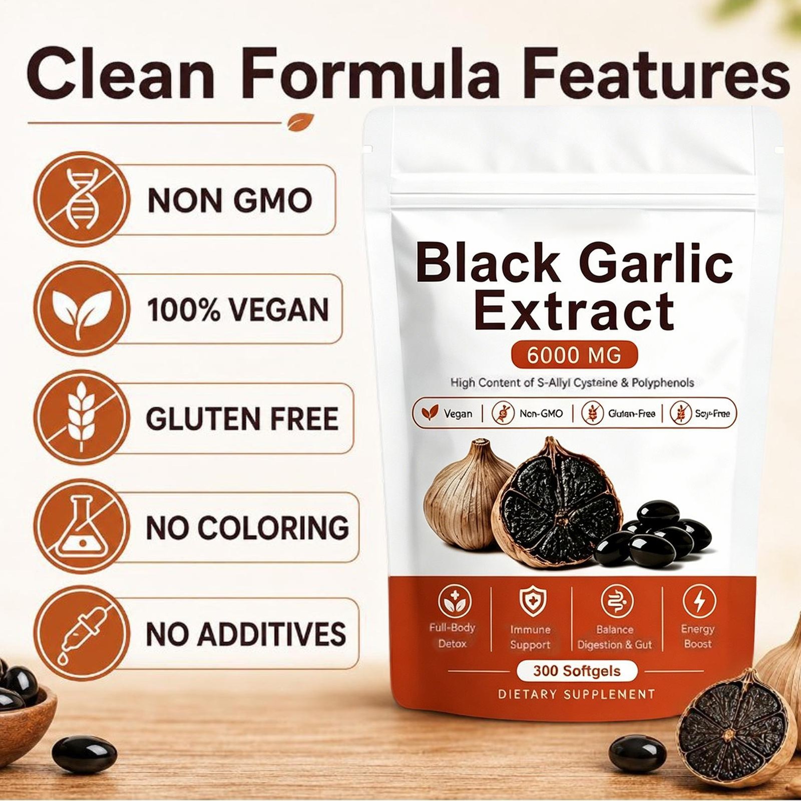 Black Garlic Extract Softgels 300ct, Odorless Vegan Non-GMO Supplement （1-2 pk）
