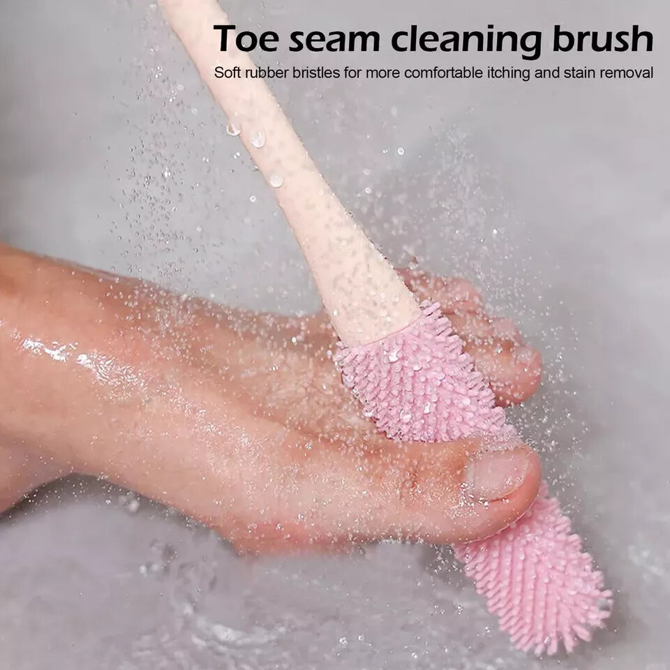 2× Toe Gap Cleaning Brush 15.7″ Foot Scrubber Silicone Shower Long Handle Brush