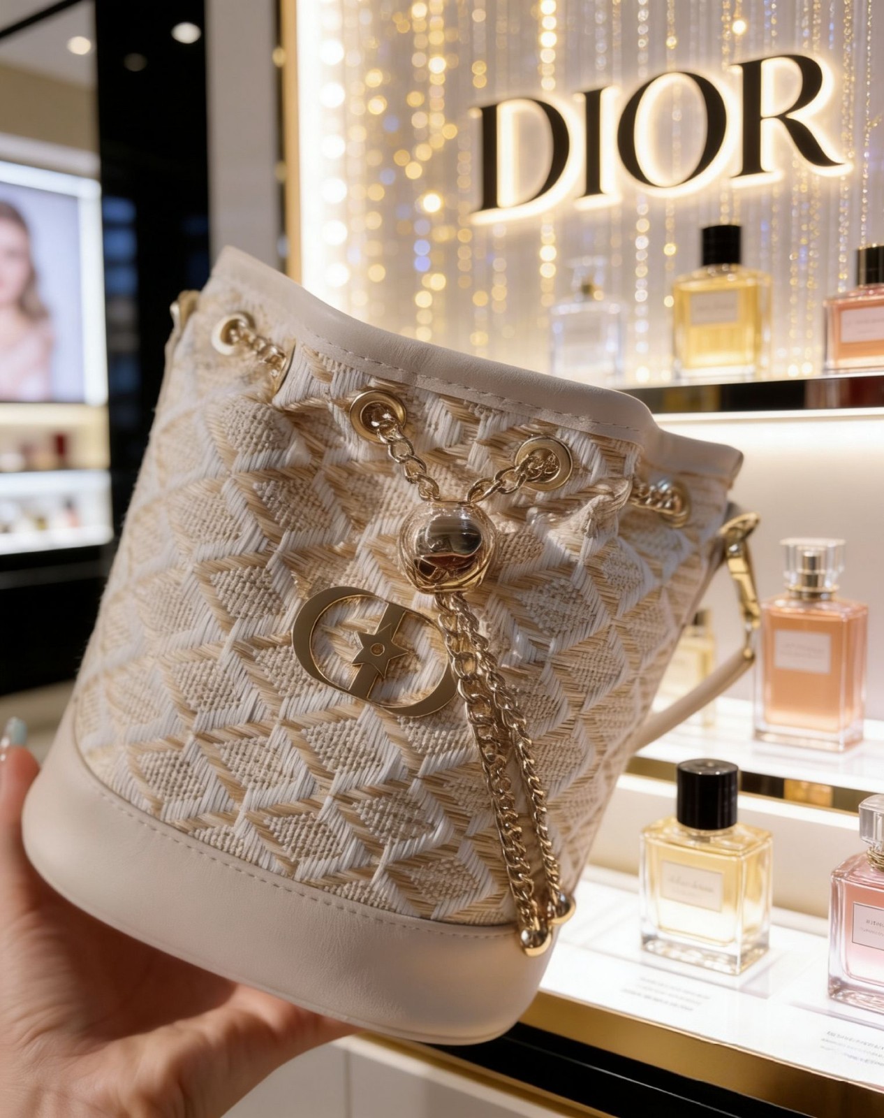 Makeup VIP GIFT C D Beauty Lace Bucket Bag Gold Chain Drawstring Crossbody Purse