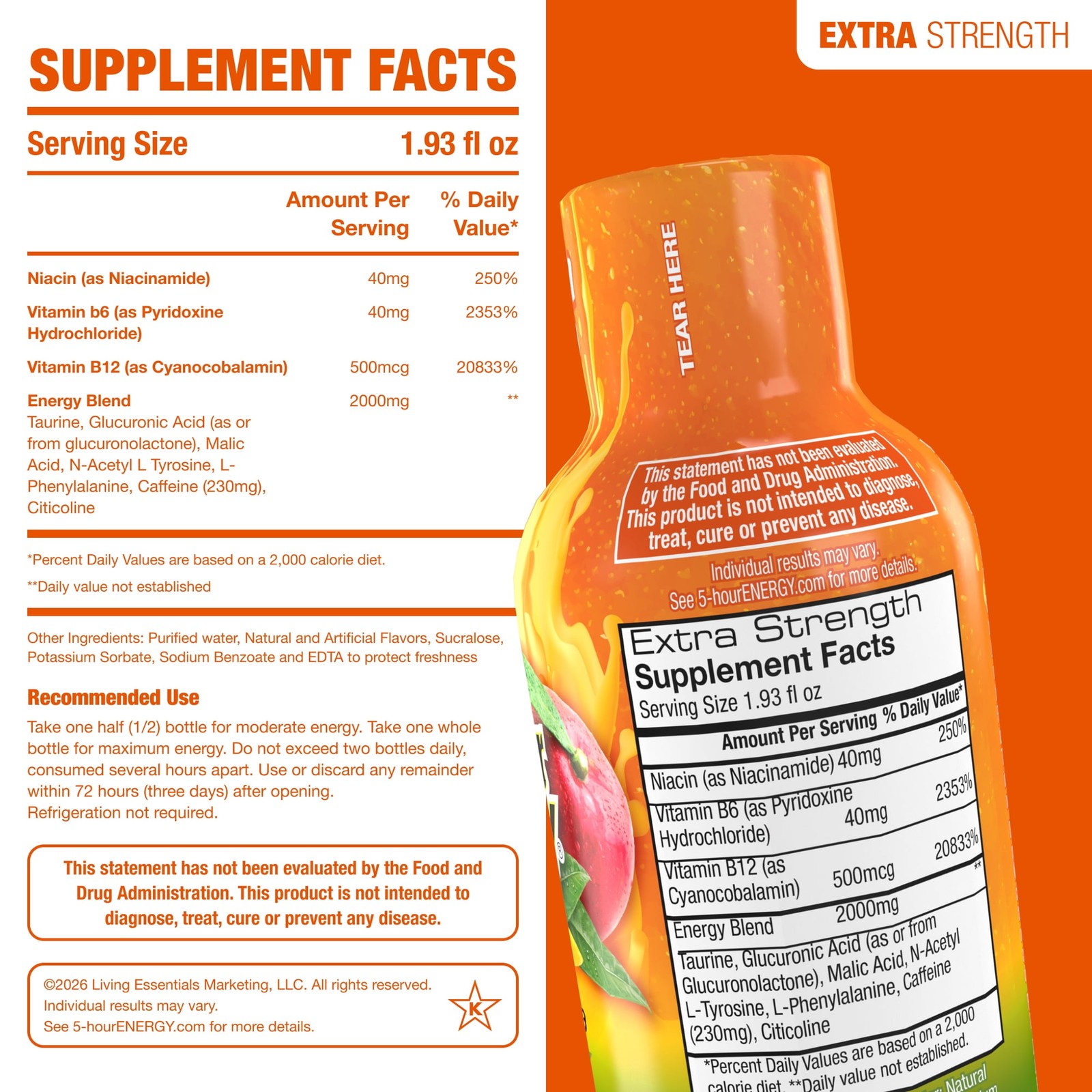 5-hour ENERGY Shot Extra Strength Peach Mango Energy Drinks 1.93 oz 15 Count