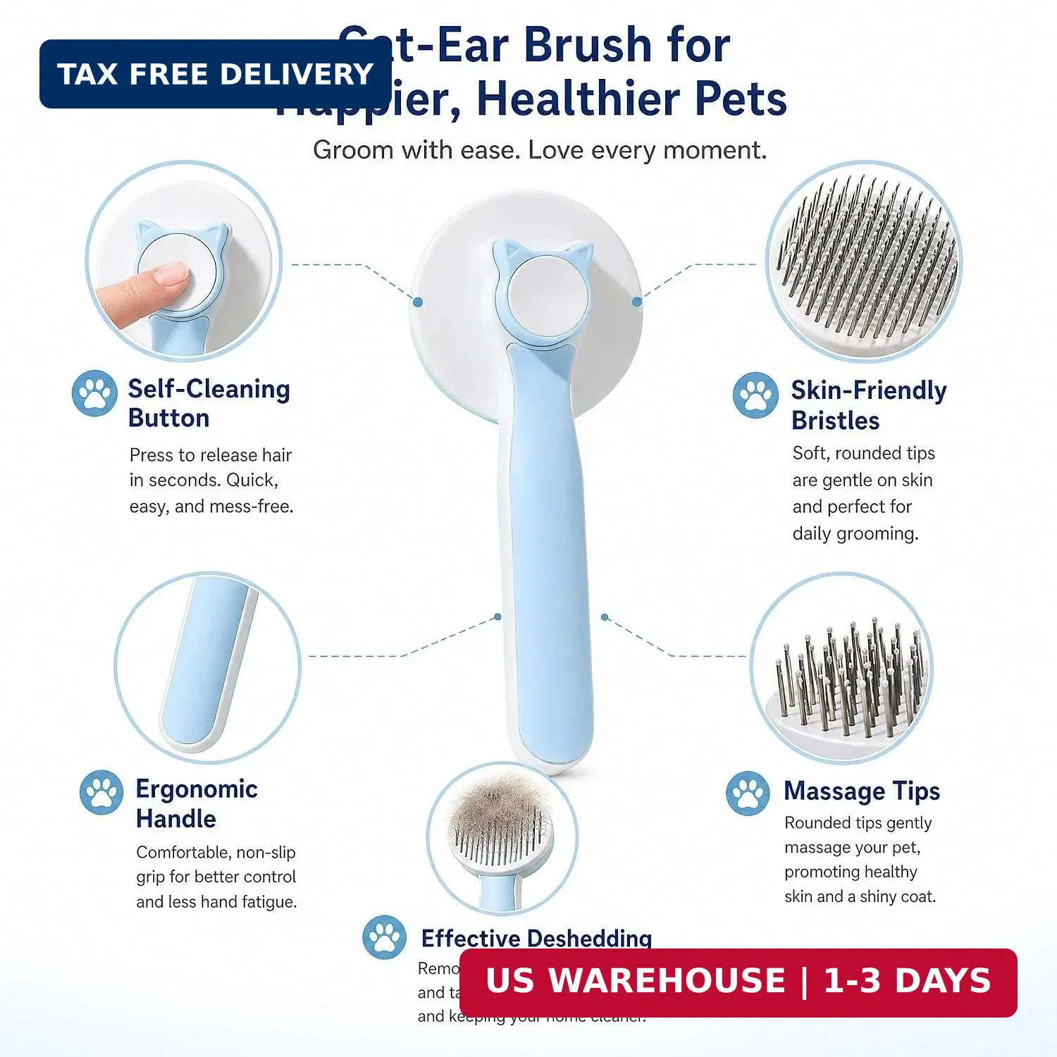Self-Cleaning Slicker Brush, Dog Cat Bunny Pet Grooming Shedding Brush, Easy to