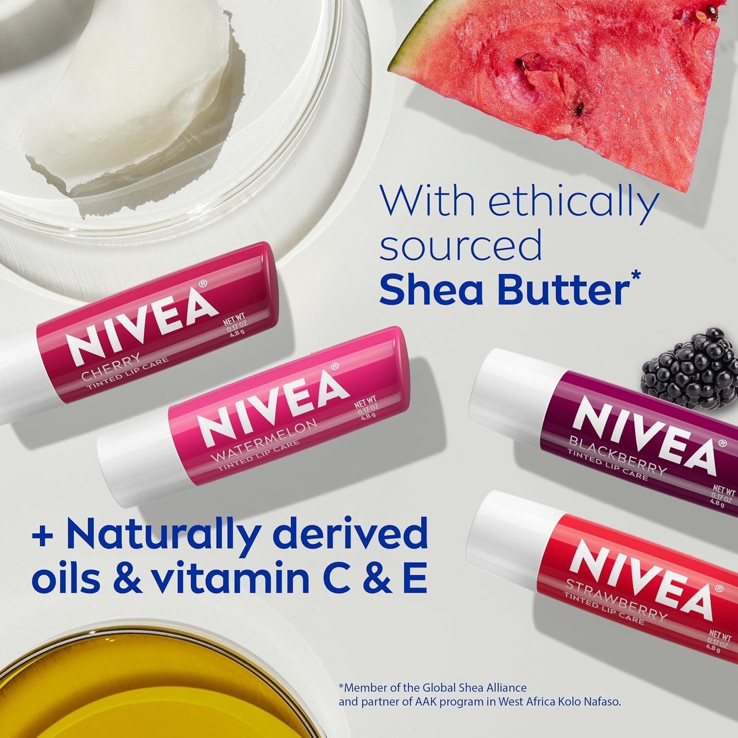 NIVEA Lip Care Tinted Balm Cherry Strawberry Blackberry Watermelon 4 Pack