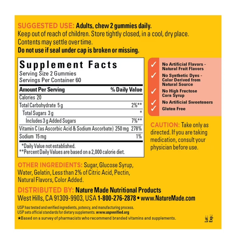 Nature Made Vitamin C 250 mg Per Serving Gummies,Dietary,120 Count Each,2 Pack
