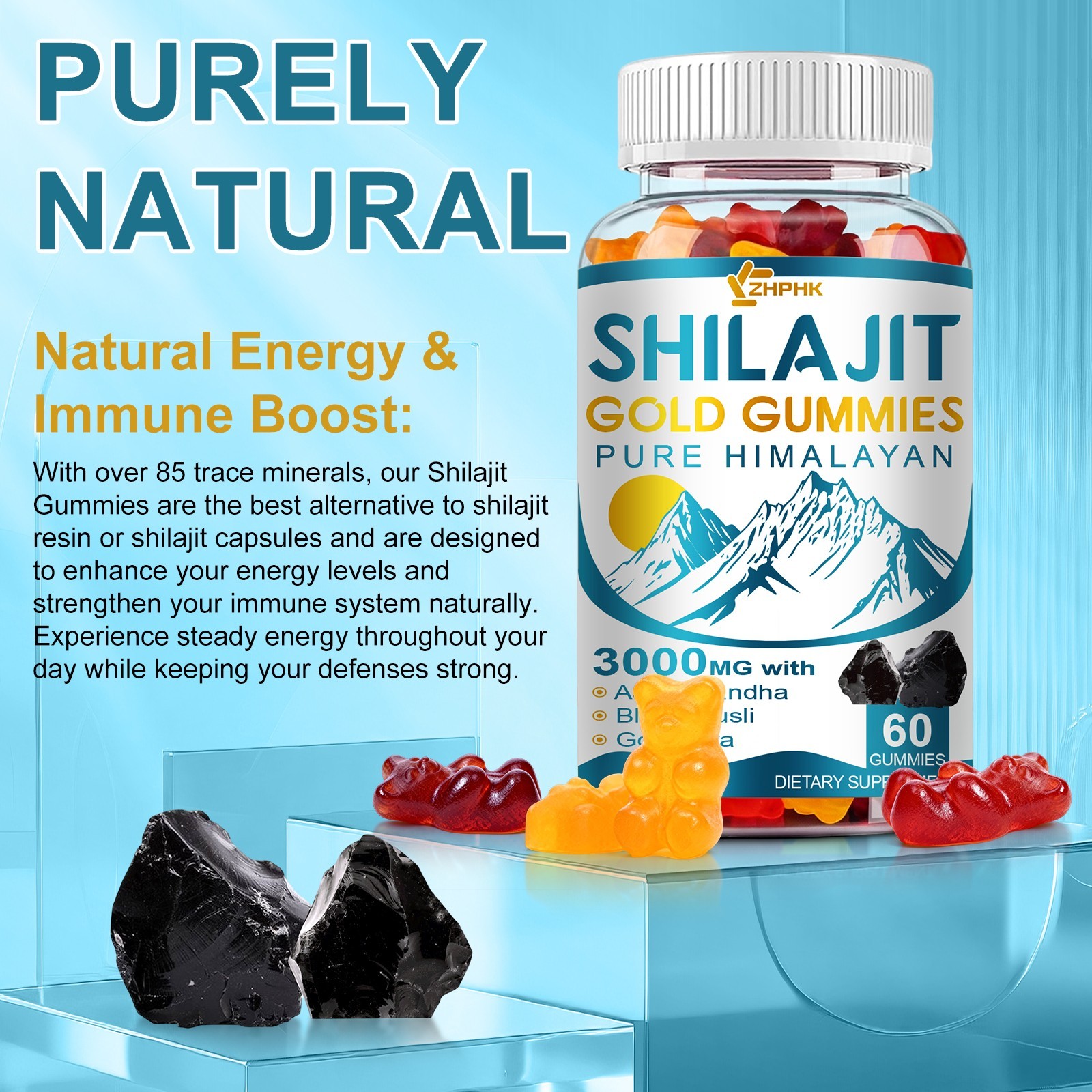Pure Himalayan Shilajit Gold Gummies 3000mg With Ashwagandha Gokshura