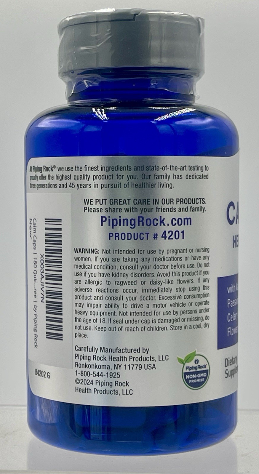 Piping Rock Calm Capsules 180 Count Chamomile Valerian Passion Flower EXP04/28