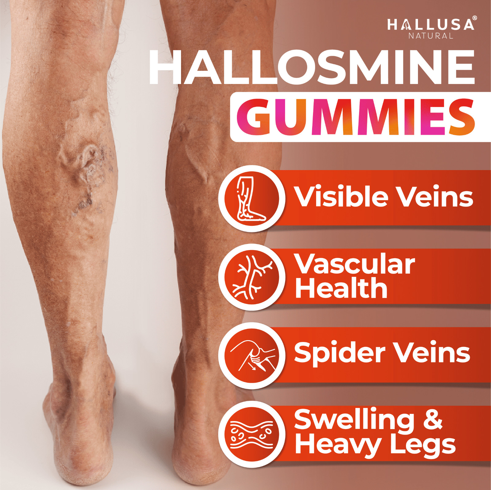 Hallusa Natural Hallosmine Gummies – Circulation & Leg Vein Support – 30 Gummies