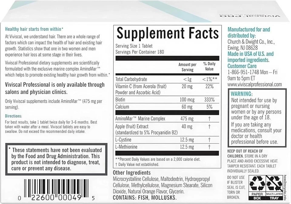 VIVISCAL PRO – Professional Hair Growth Supplement 180 Tablets, Expiring in 2027