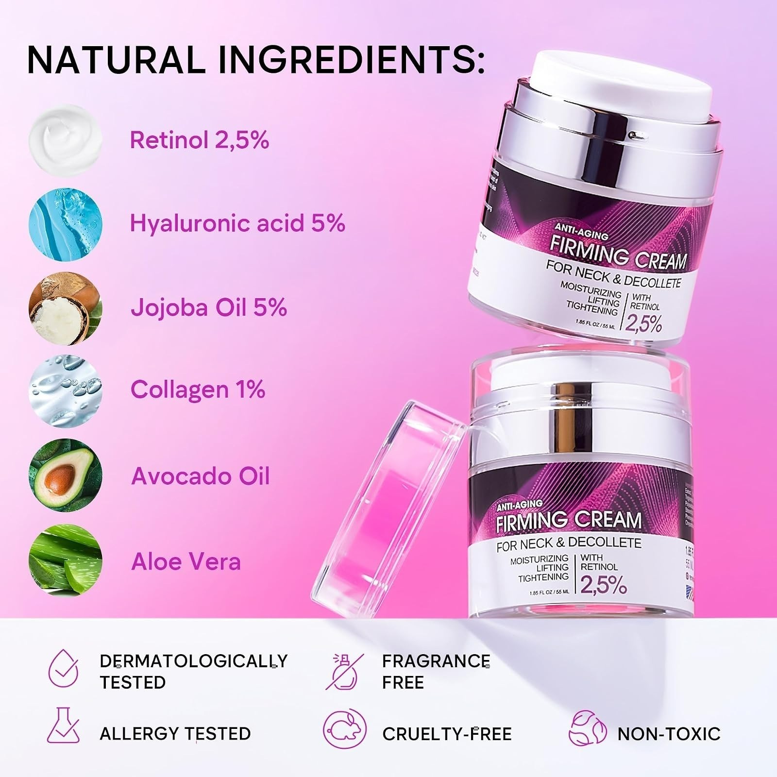 Neck Firming Cream with Retinol, Collagen & Hyaluronic Acid – 1.85 Fl Oz