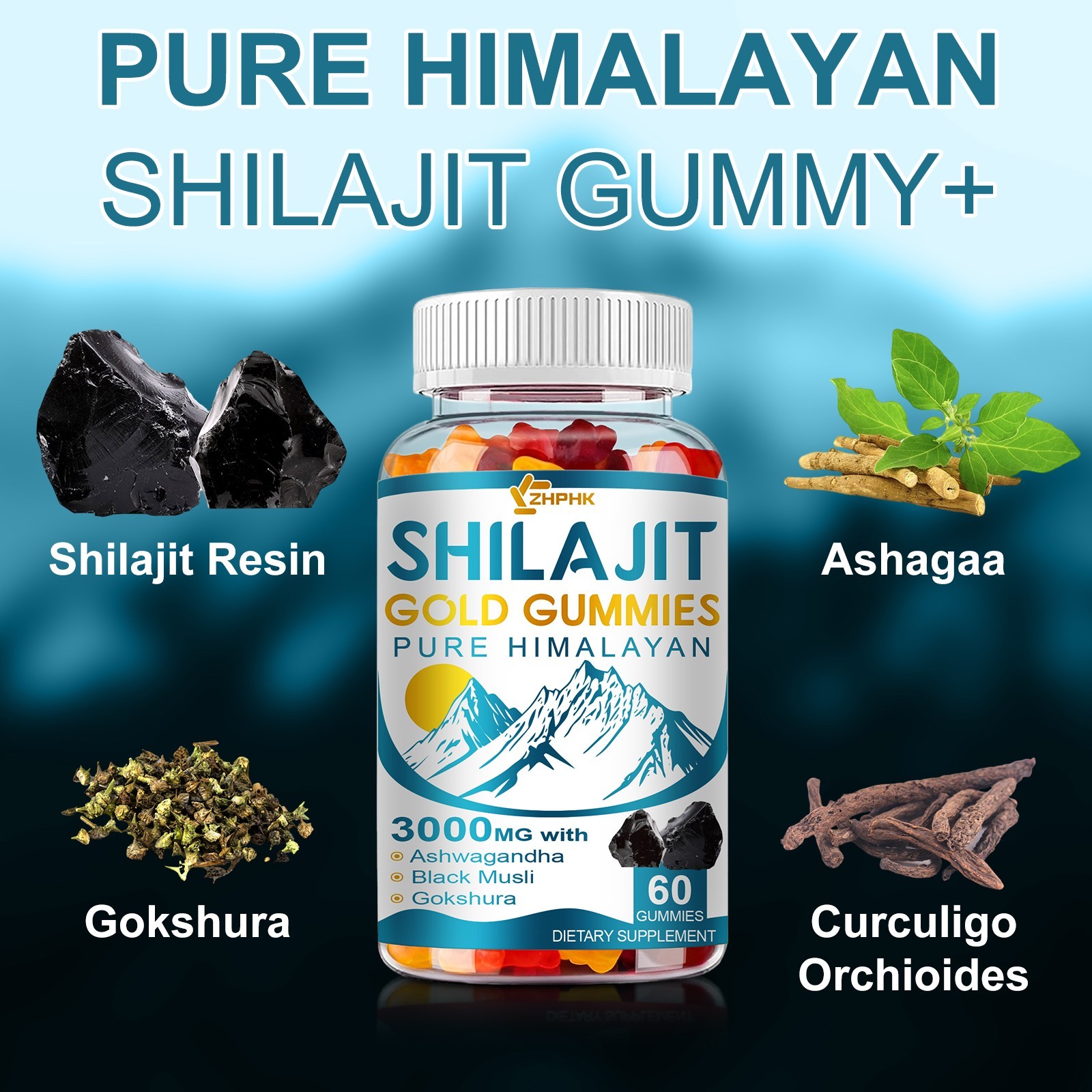 Pure Himalayan Shilajit Gold Gummies 3000mg With Ashwagandha Gokshura
