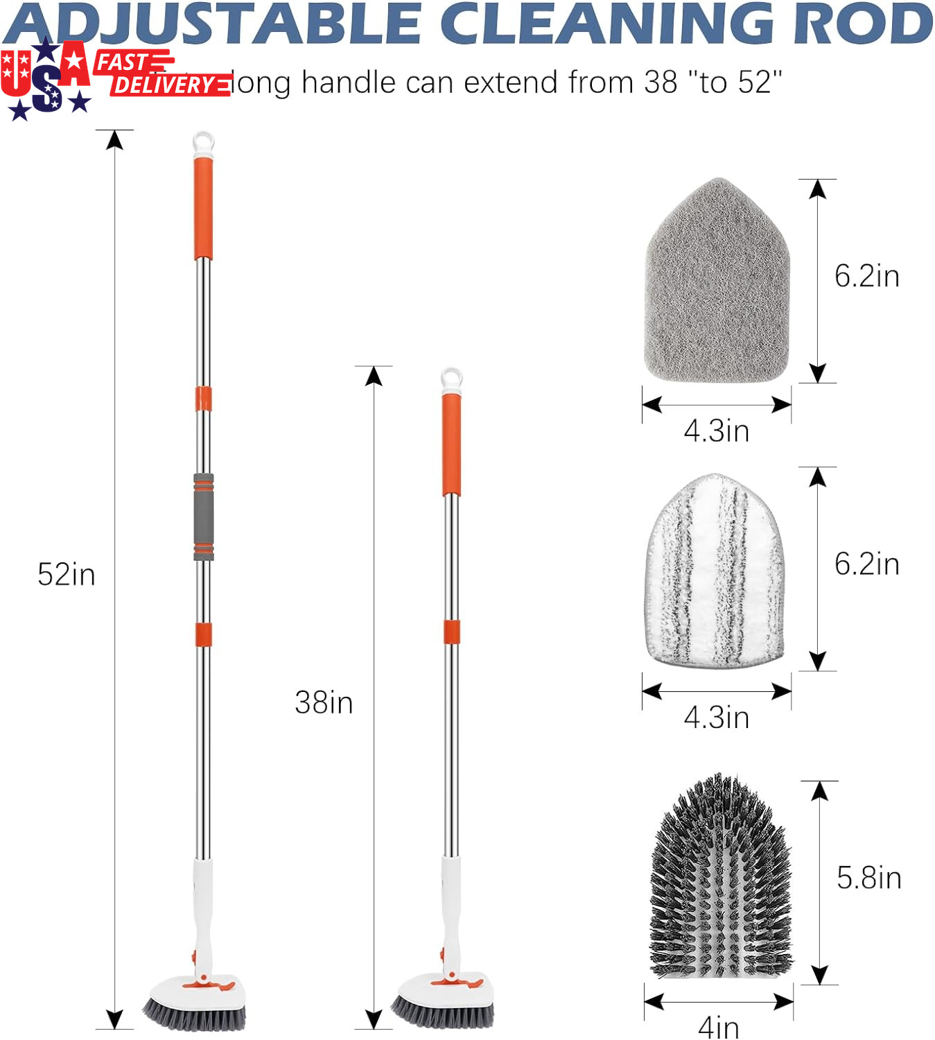 Tile Tub Scrubber Brush 3-In-1 Shower Scrubber with 52-Inch Adjustable Long Hand