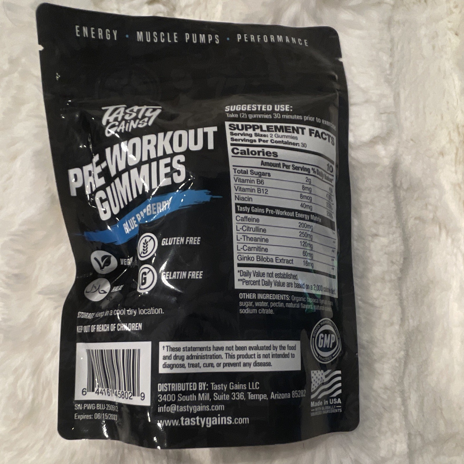 Tasty Gains Pre-Workout Gummies Blue Raspberry 60ct/30 Servings Vegan GF