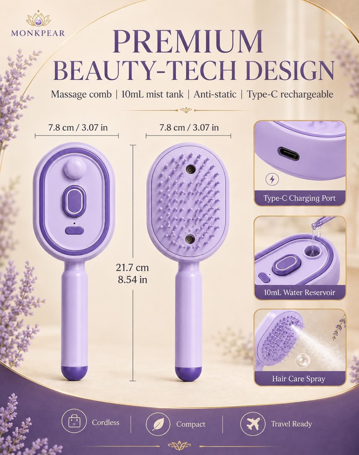 Electric Spray Air Cushion Massage Comb, Self-Cleaning Anti-Tangle Hair Brush