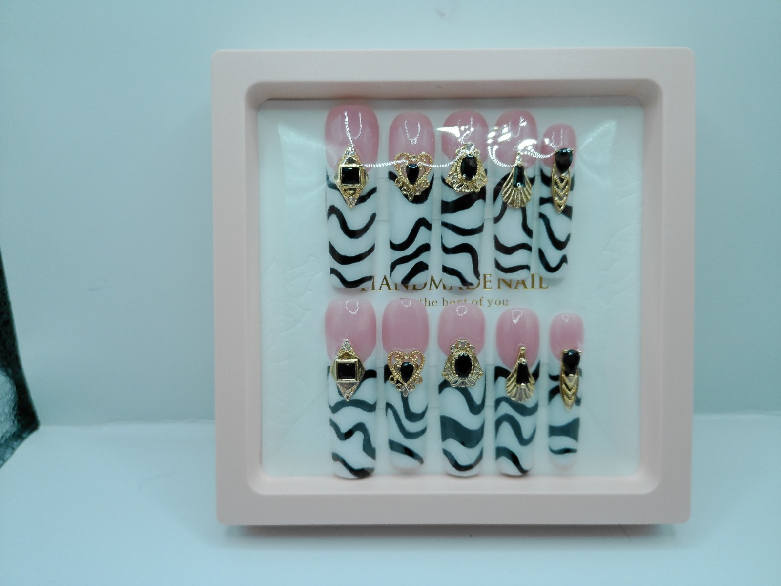 XXX Long Square Press-On Nails, Medium Size Black and White French, Luxury Gems