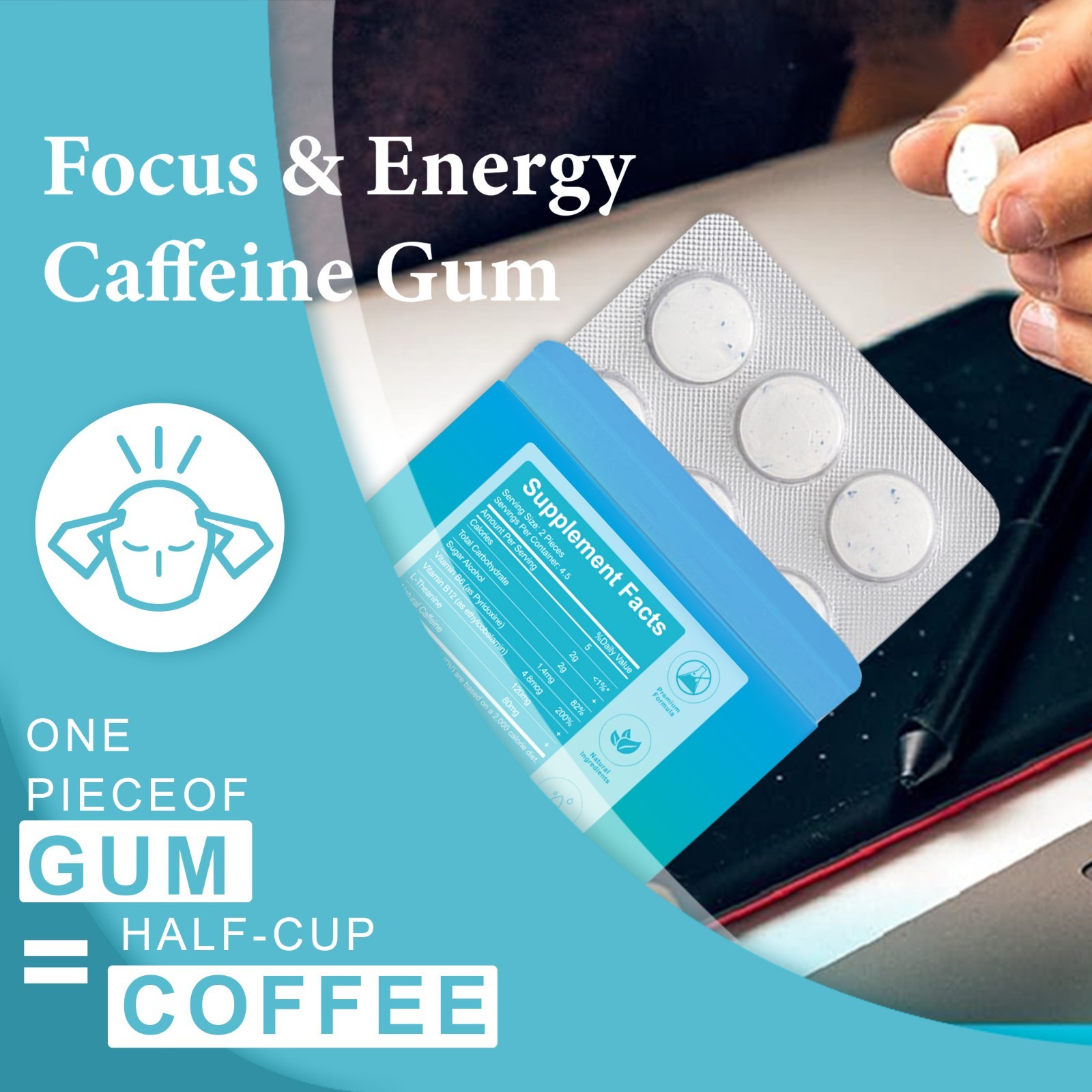 DEZEN Energy Caffeine Gum (54 Pieces) – Sugar Free with L-theanine + Caffeine