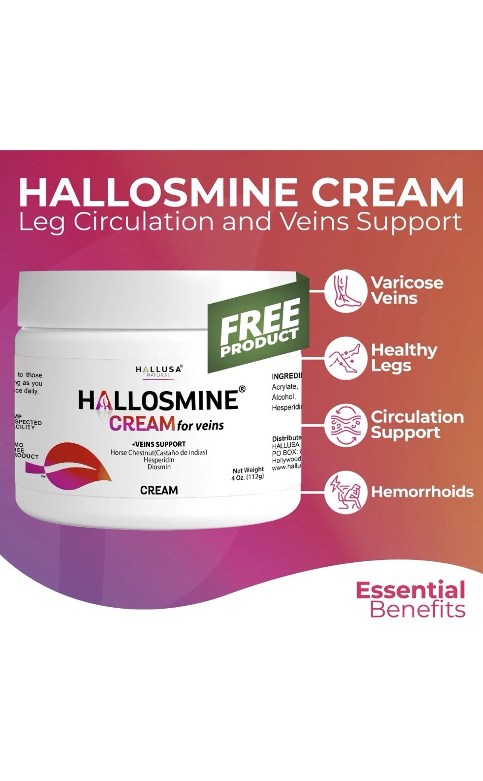 Hallusa Natural Hallosmine Advance 1000mg Diosmin 60 ct + FREE Leg Cream 4 oz